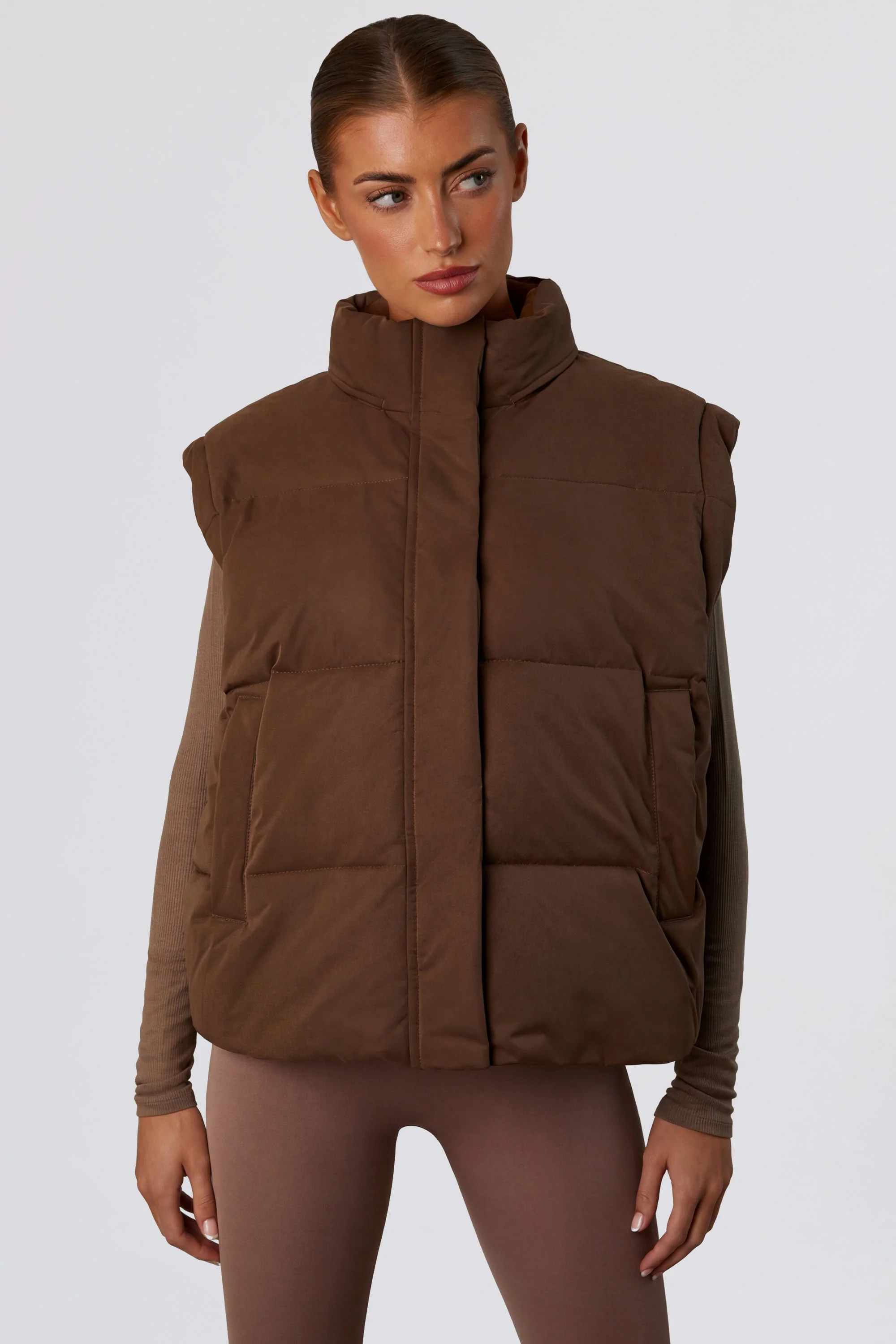 Cropped Puffer Jacket with Detachable Sleeves in Cocoa Brown - Image 6