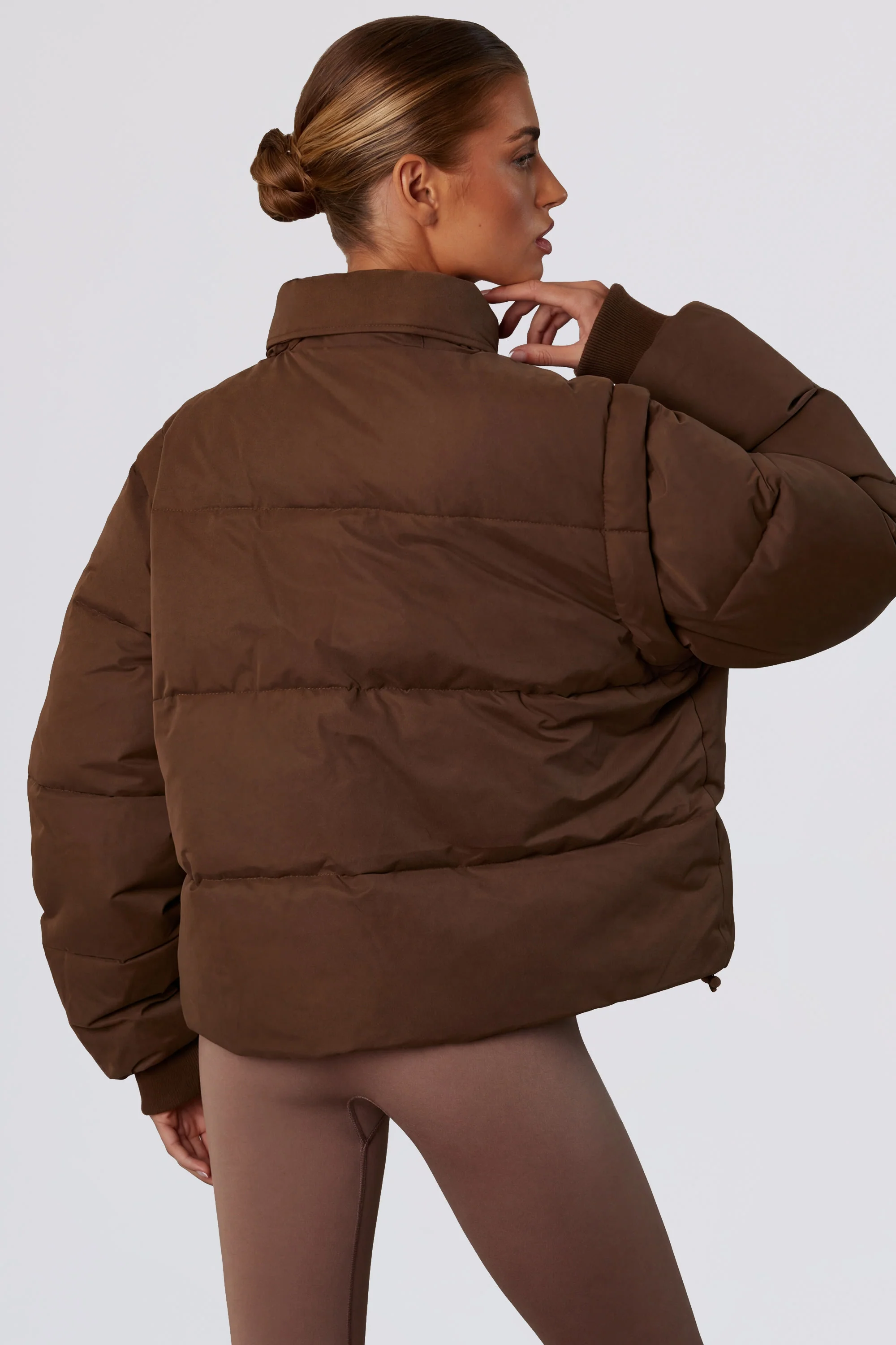 Cropped Puffer Jacket with Detachable Sleeves in Cocoa Brown - Image 7