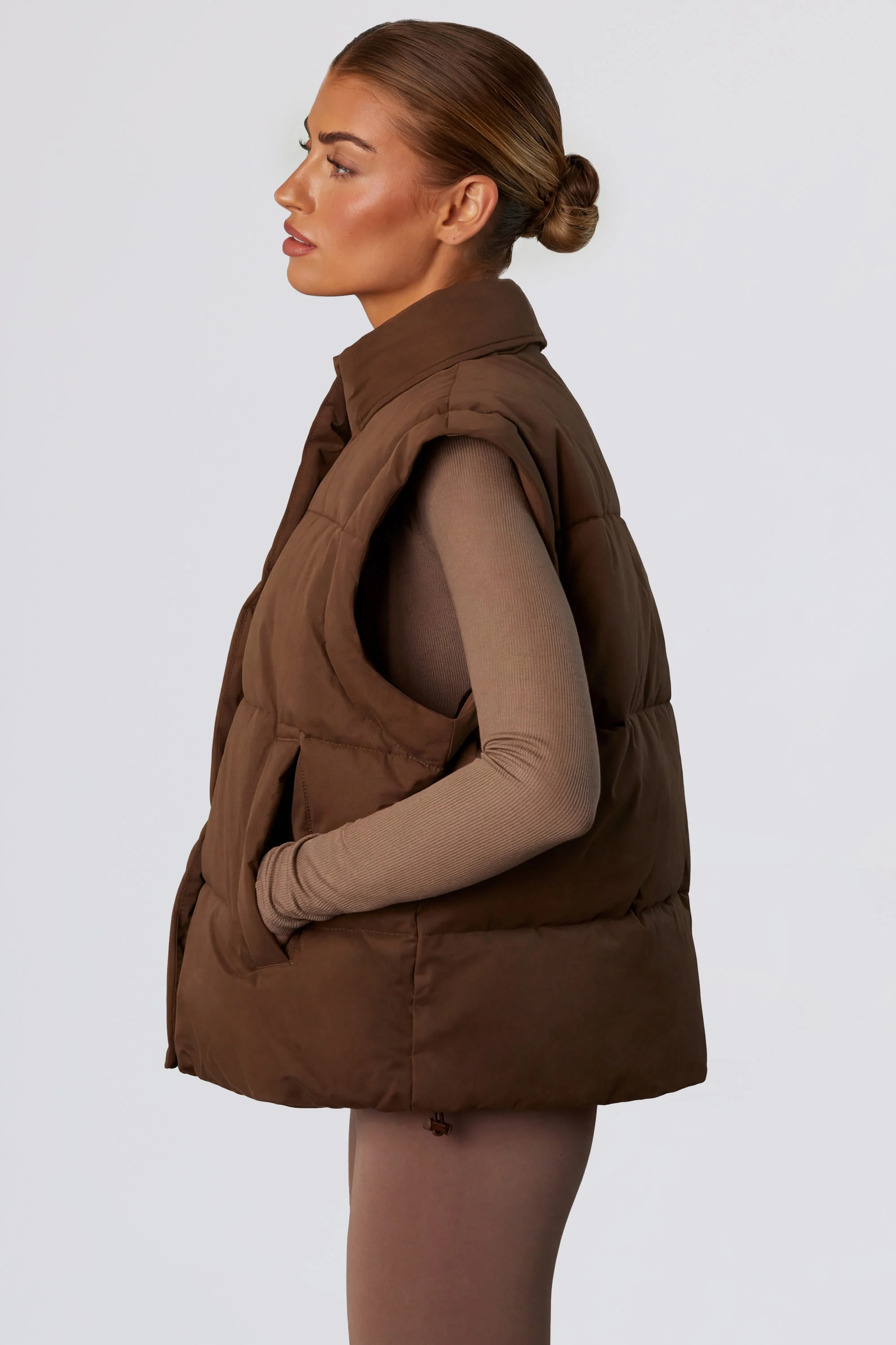 Cropped Puffer Jacket with Detachable Sleeves in Cocoa Brown - Image 8