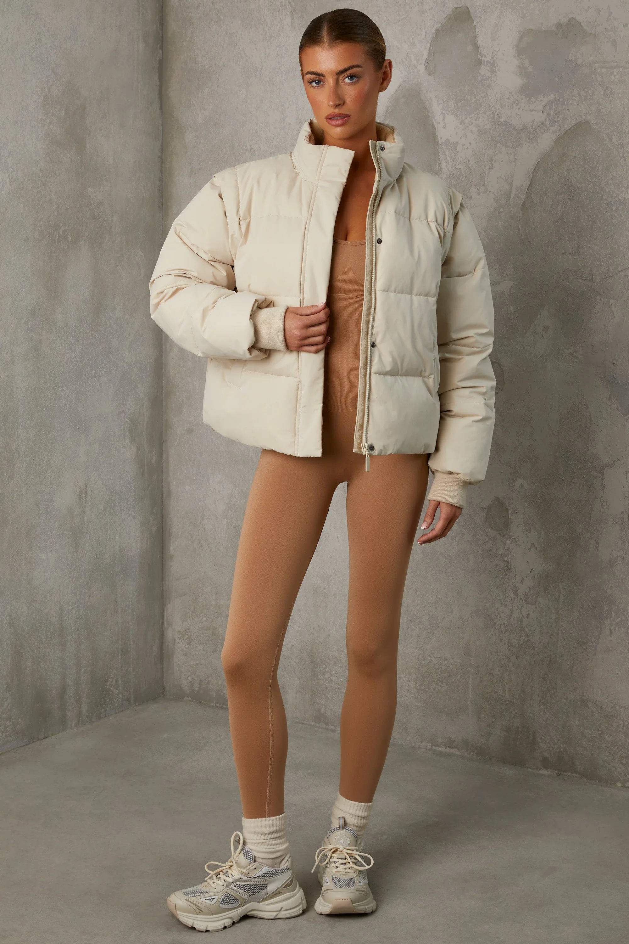 Cropped Puffer Jacket with Detachable Sleeves in Sand - Image 5