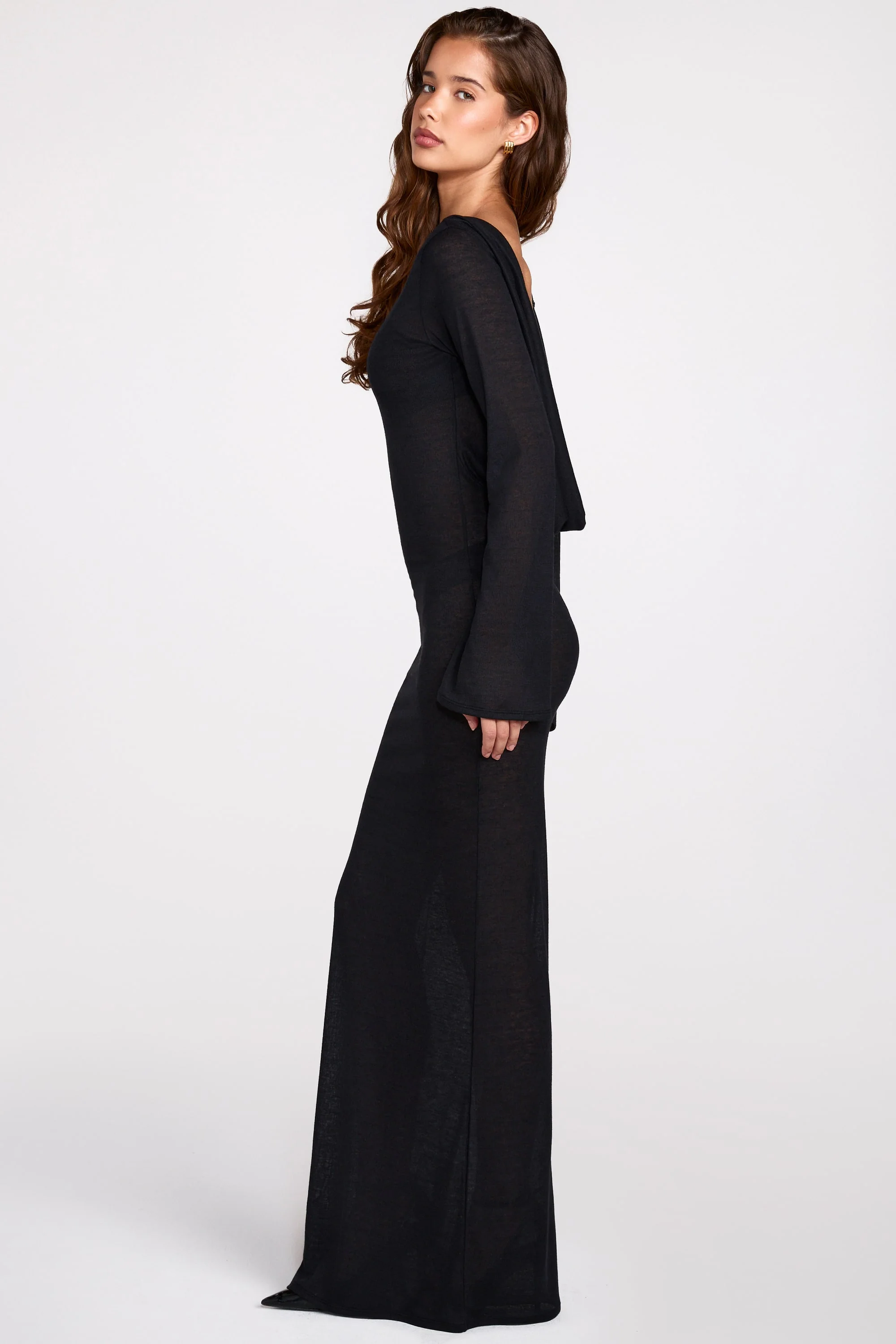 Sheer Jersey Long-Sleeve Backless Maxi Dress in Black - Image 3