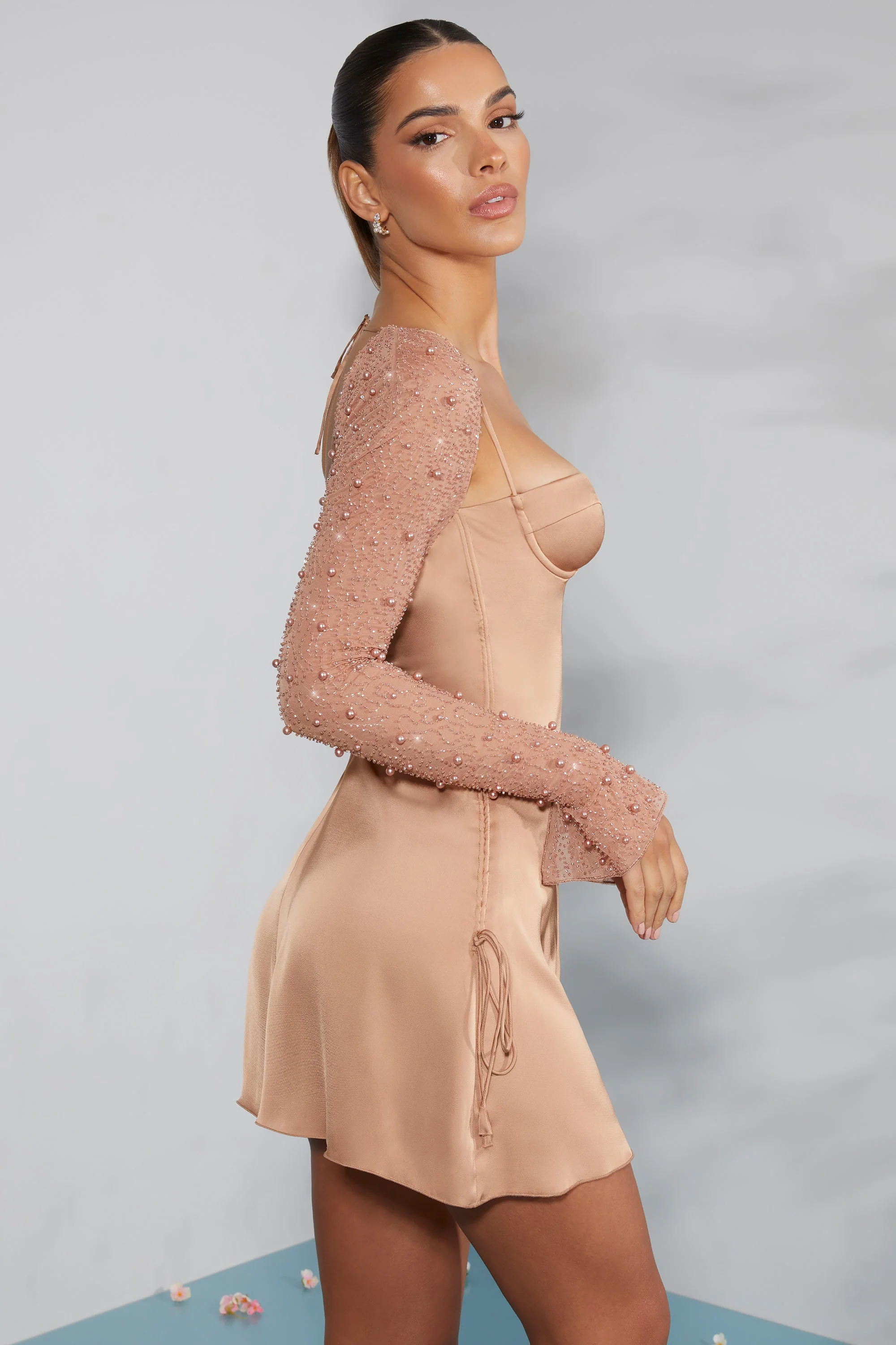 Long Sleeve Embellished A-line Mini Dress in Beige - Image 3