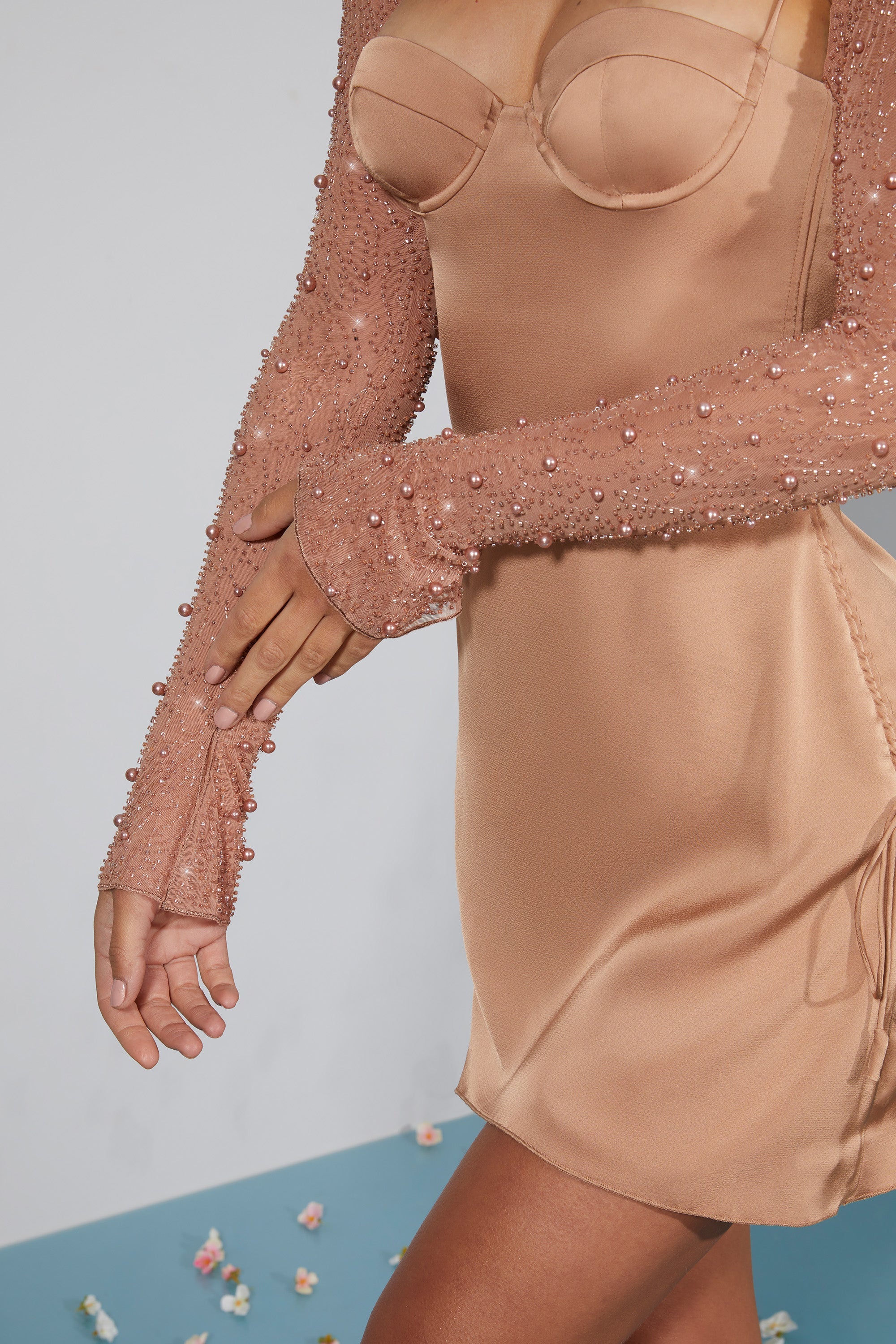 Long Sleeve Embellished A-line Mini Dress in Beige - Image 6