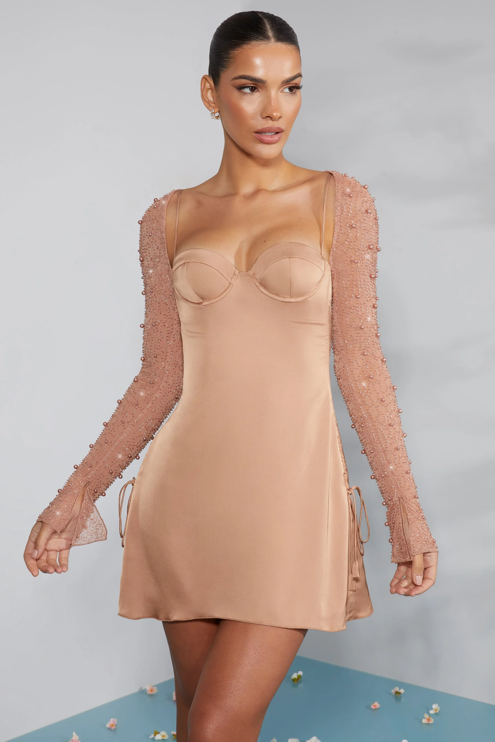 Long Sleeve Embellished A-line Mini Dress in Beige - Image 9