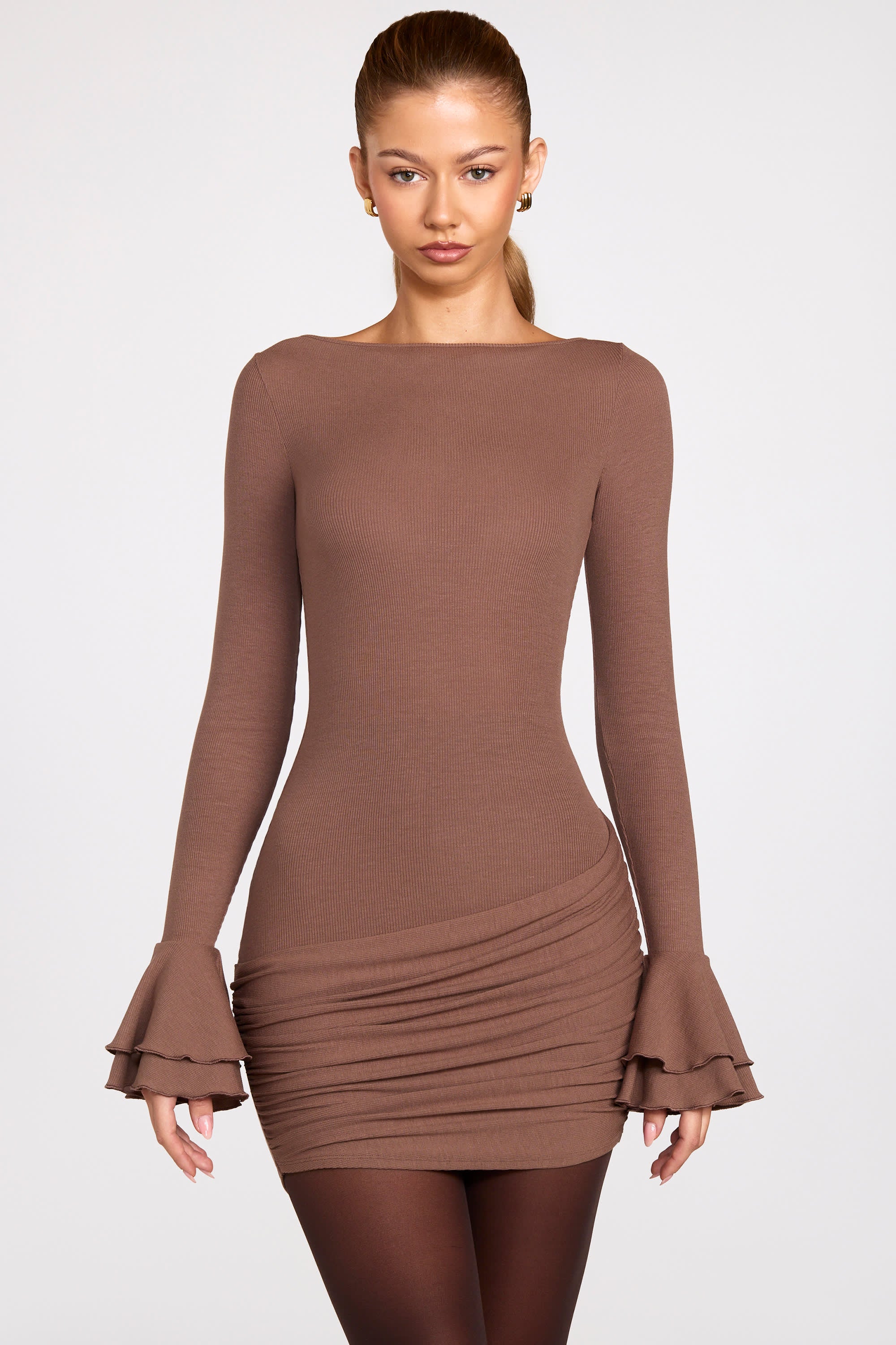 Ribbed Modal Long-Sleeve Draped Mini Dress in Mocha - Image 8