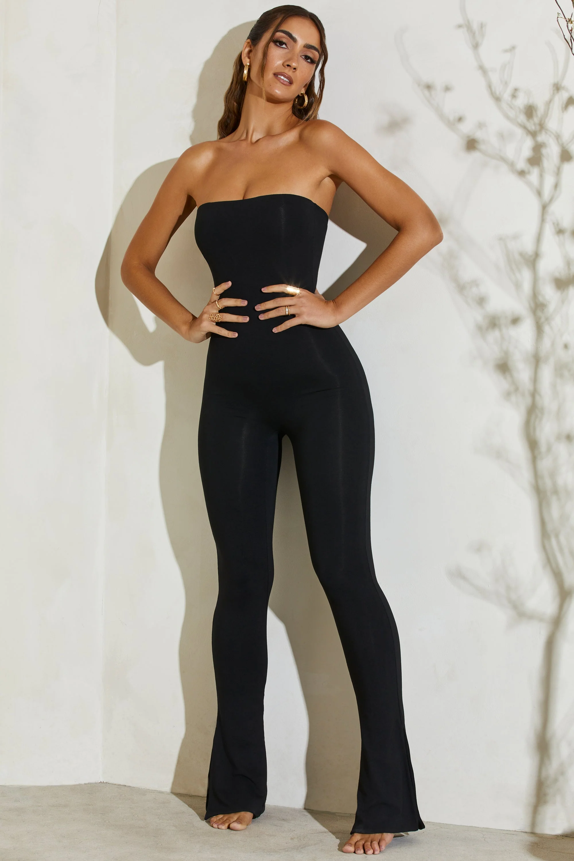 Strapless Flared Hem Jumpsuit in Black - Image 5