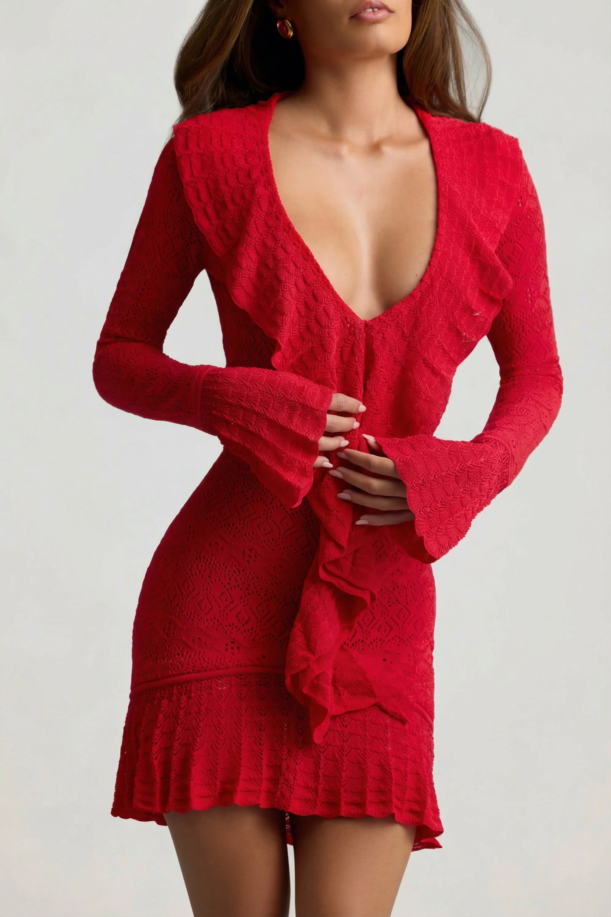 Ruffle-Trim Pointelle-Knit Mini Dress in Scarlet Red - Image 4