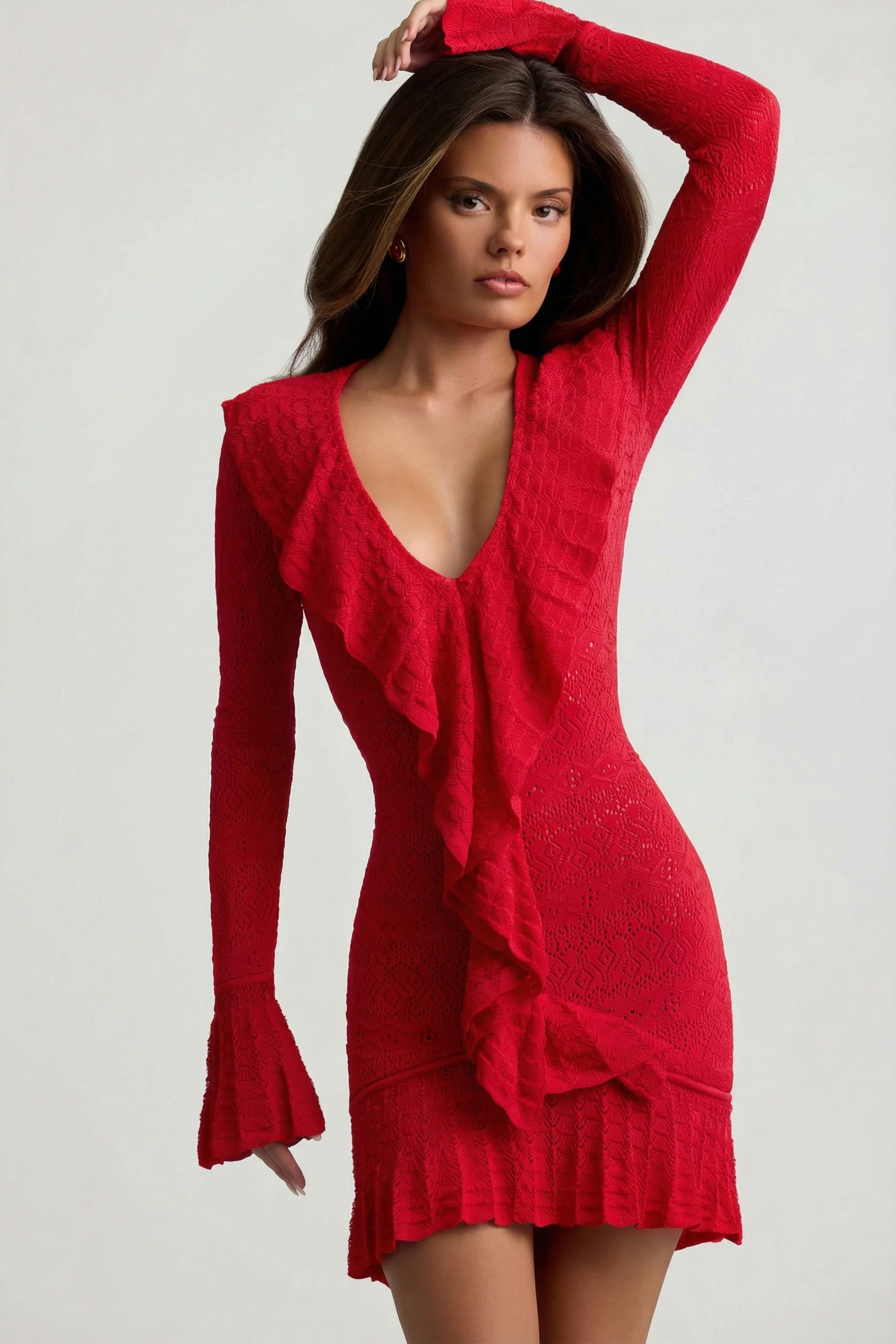Ruffle-Trim Pointelle-Knit Mini Dress in Scarlet Red - Image 5