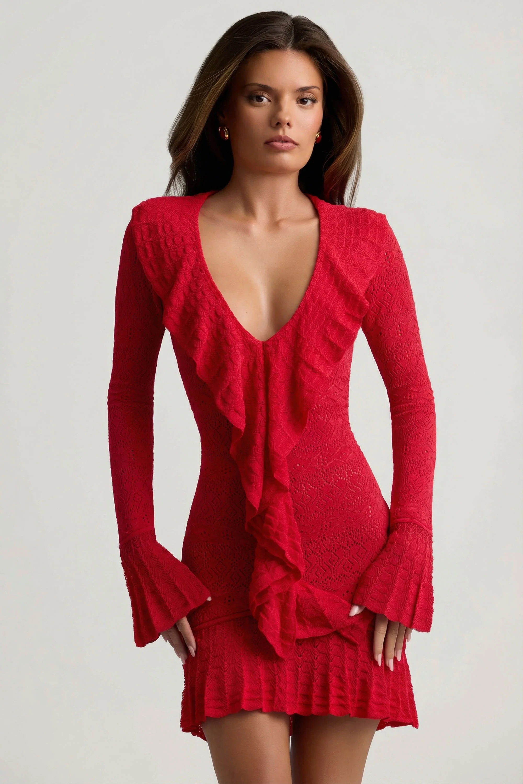 Ruffle-Trim Pointelle-Knit Mini Dress in Scarlet Red - Image 6