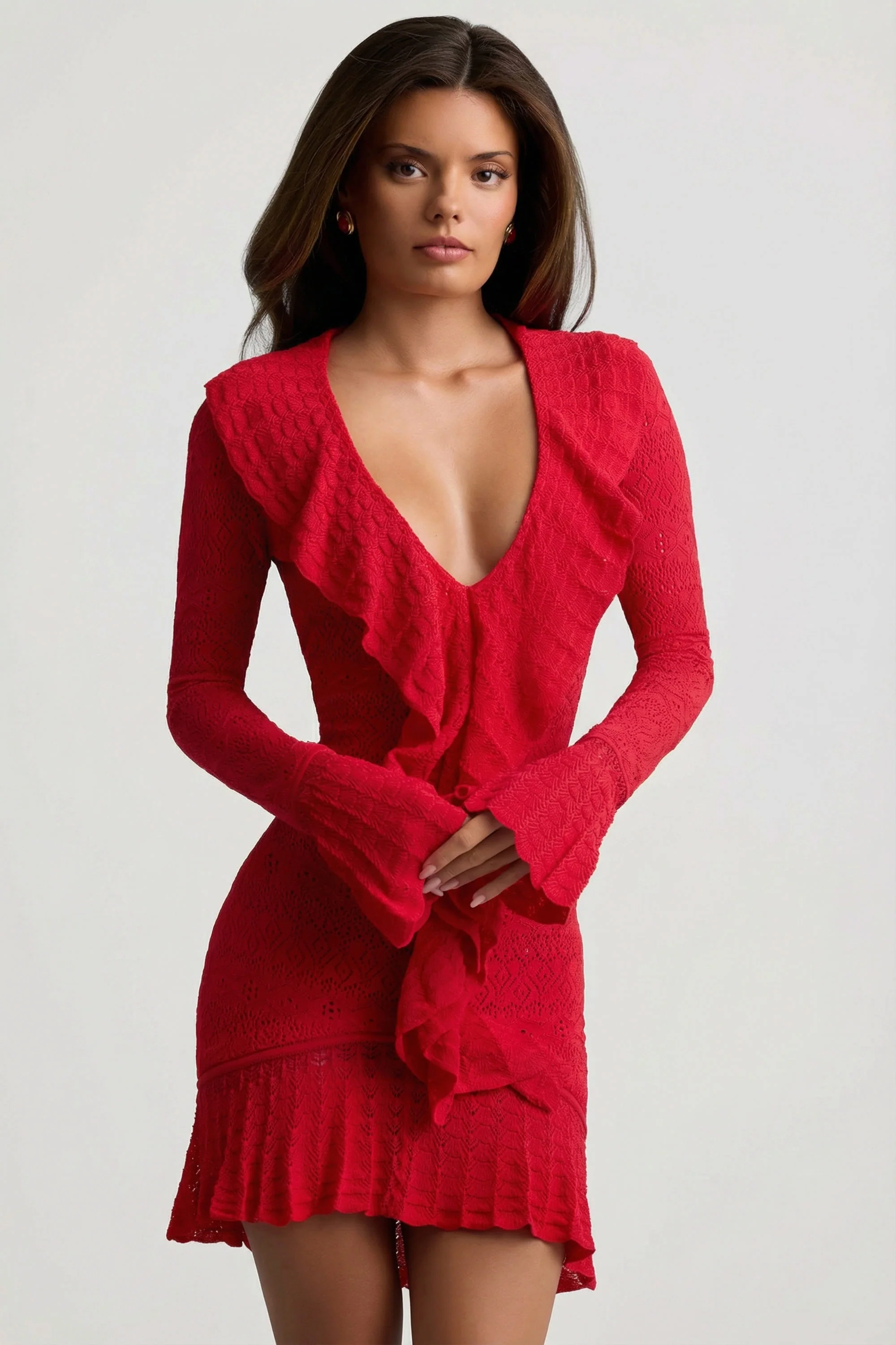 Ruffle-Trim Pointelle-Knit Mini Dress in Scarlet Red - Image 7