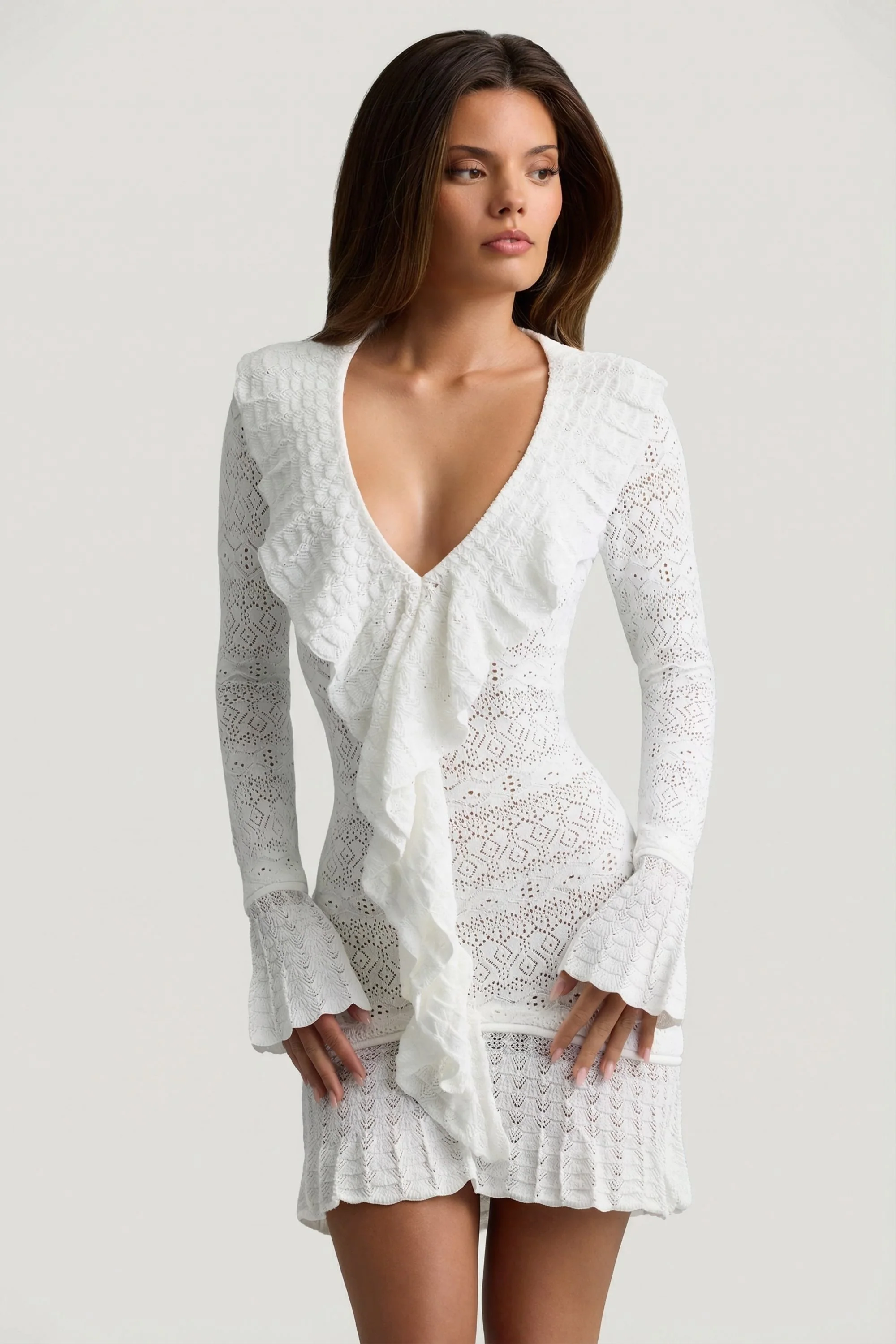 Ruffle-Trim Pointelle-Knit Mini Dress in White - Image 7