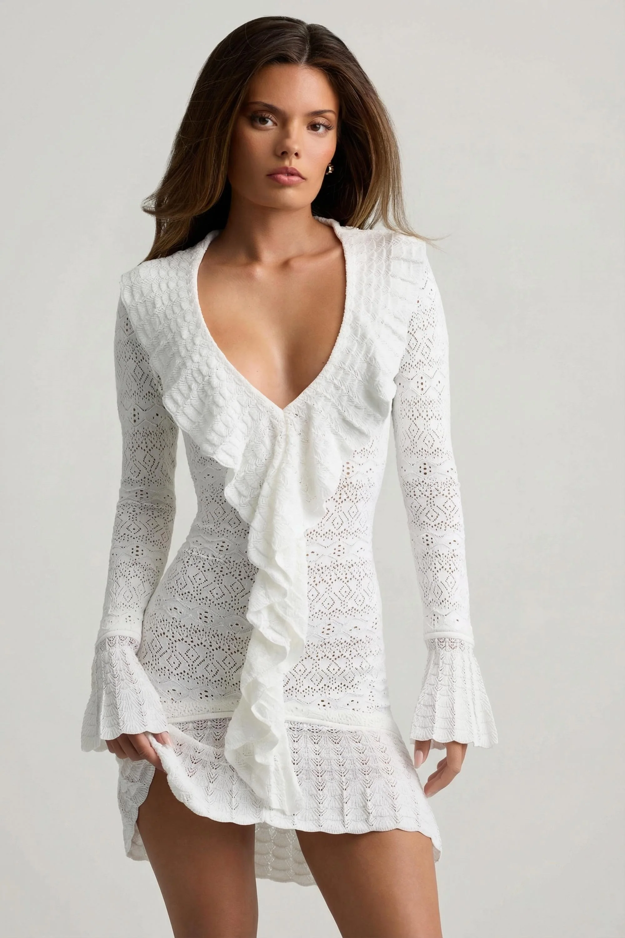 Ruffle-Trim Pointelle-Knit Mini Dress in White - Image 8