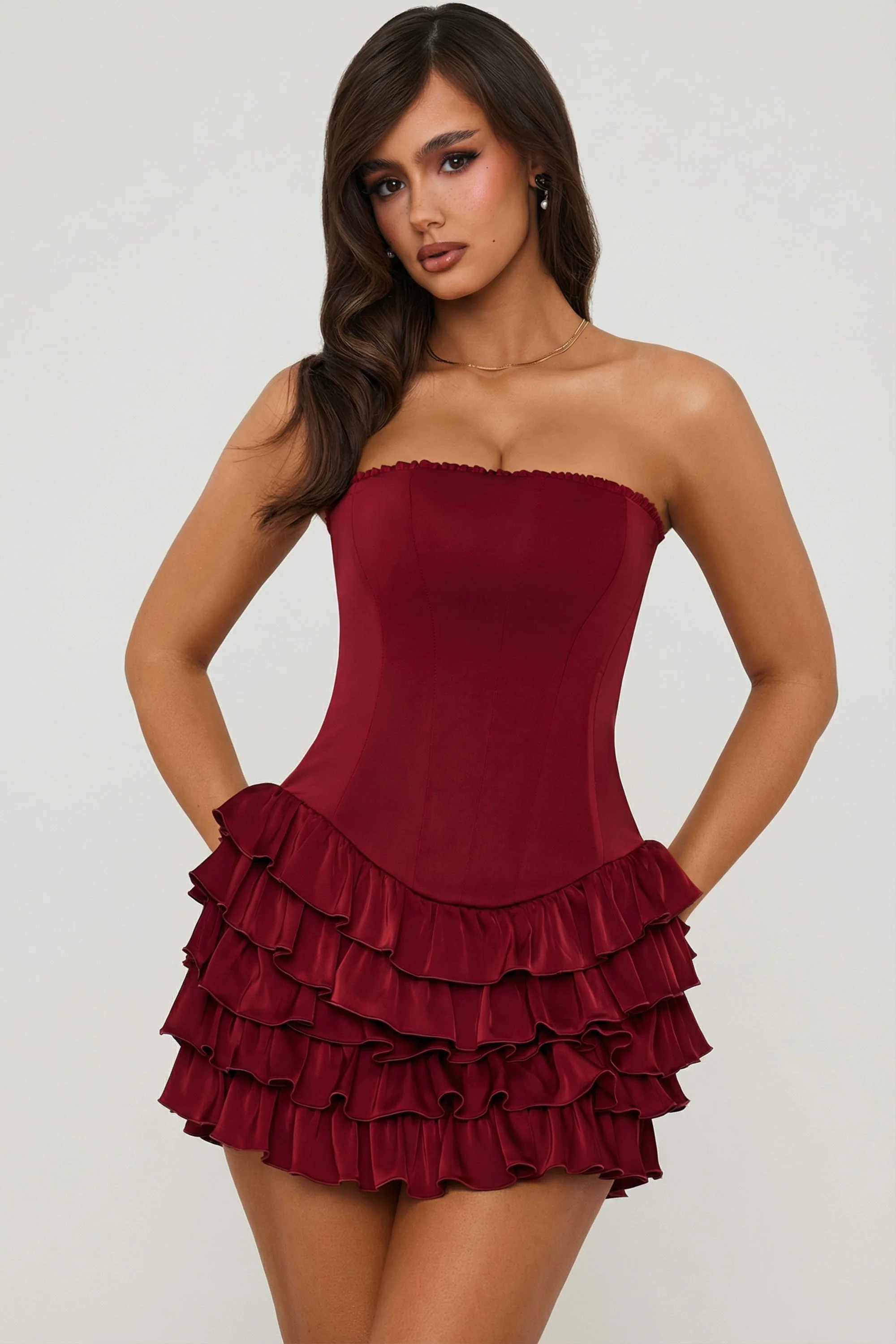 Bandeau Ruffled Tiered Corset Mini Dress in Berry Red - Image 5