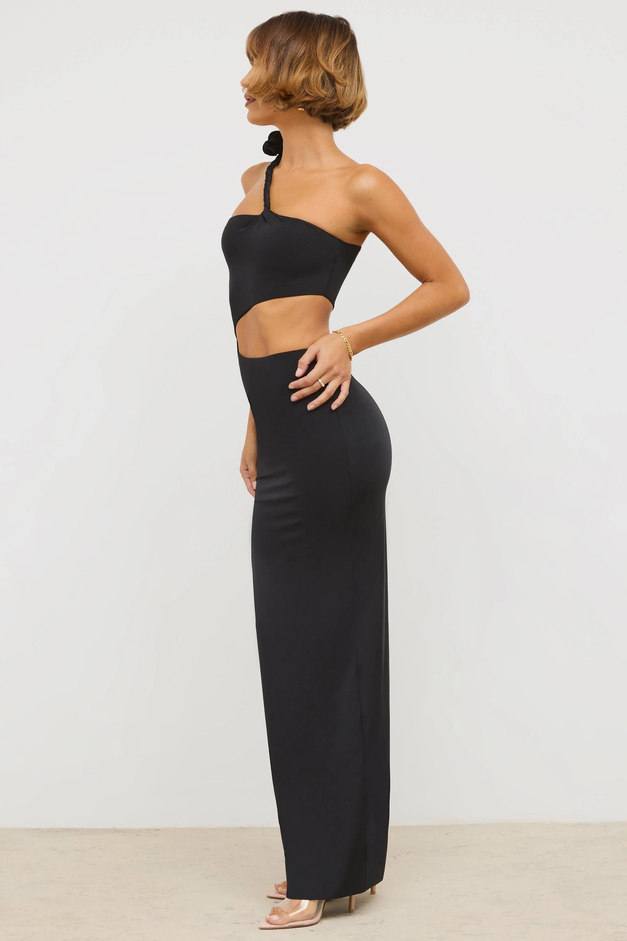 Premium Jersey Asymmetric Cut Out Maxi Dress in Black - Image 3