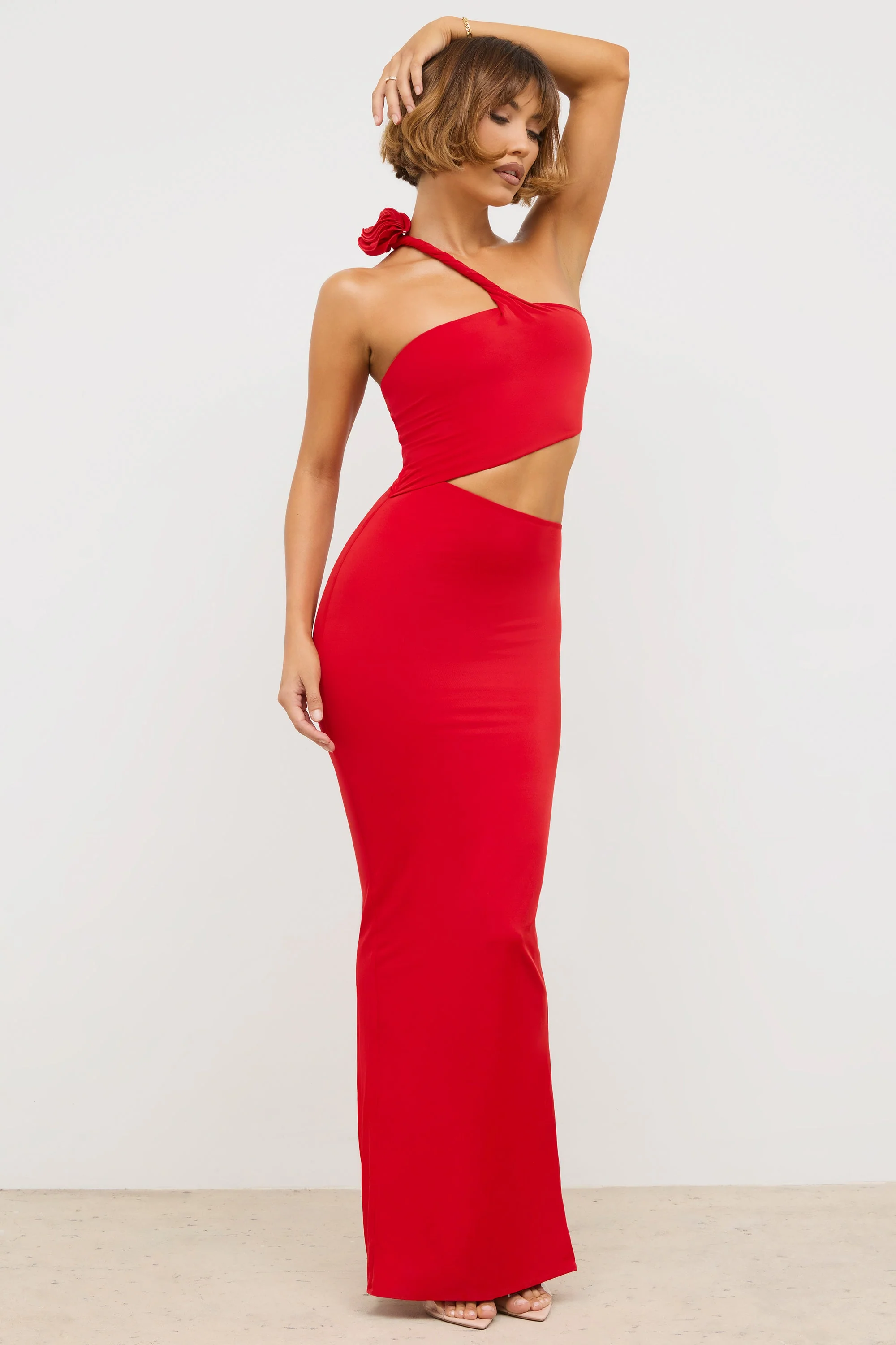 Premium Jersey Asymmetric Cut Out Maxi Dress in Scarlet Red - Image 8