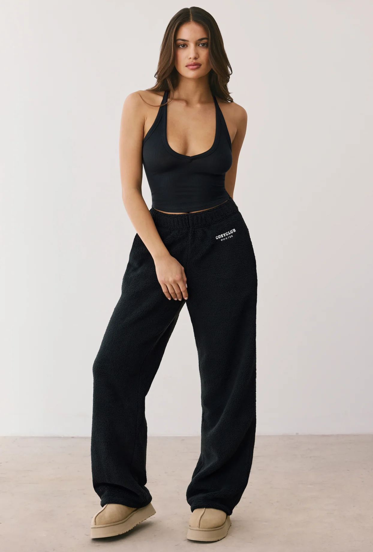 Petite Fleece Wide Leg Joggers in Onyx - Image 5