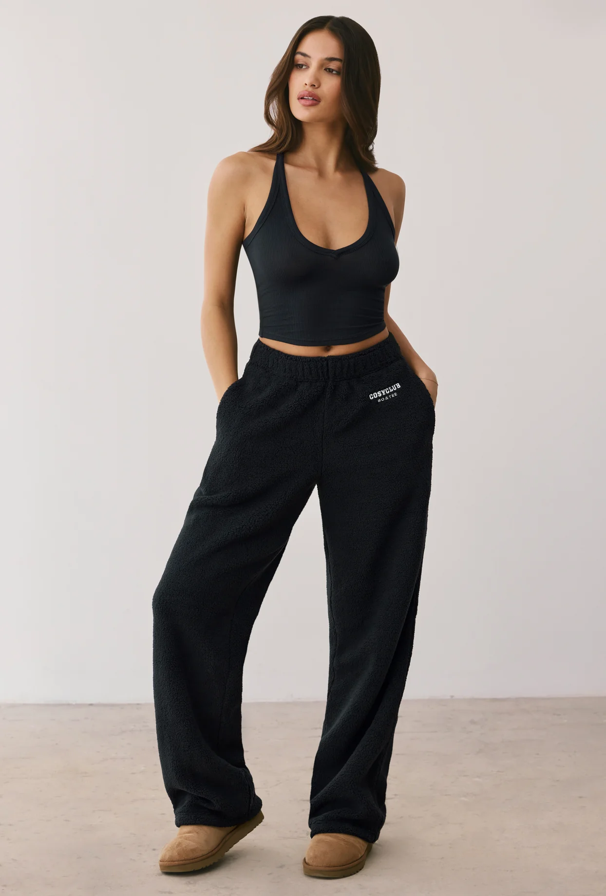 Petite Fleece Wide Leg Joggers in Onyx - Image 6