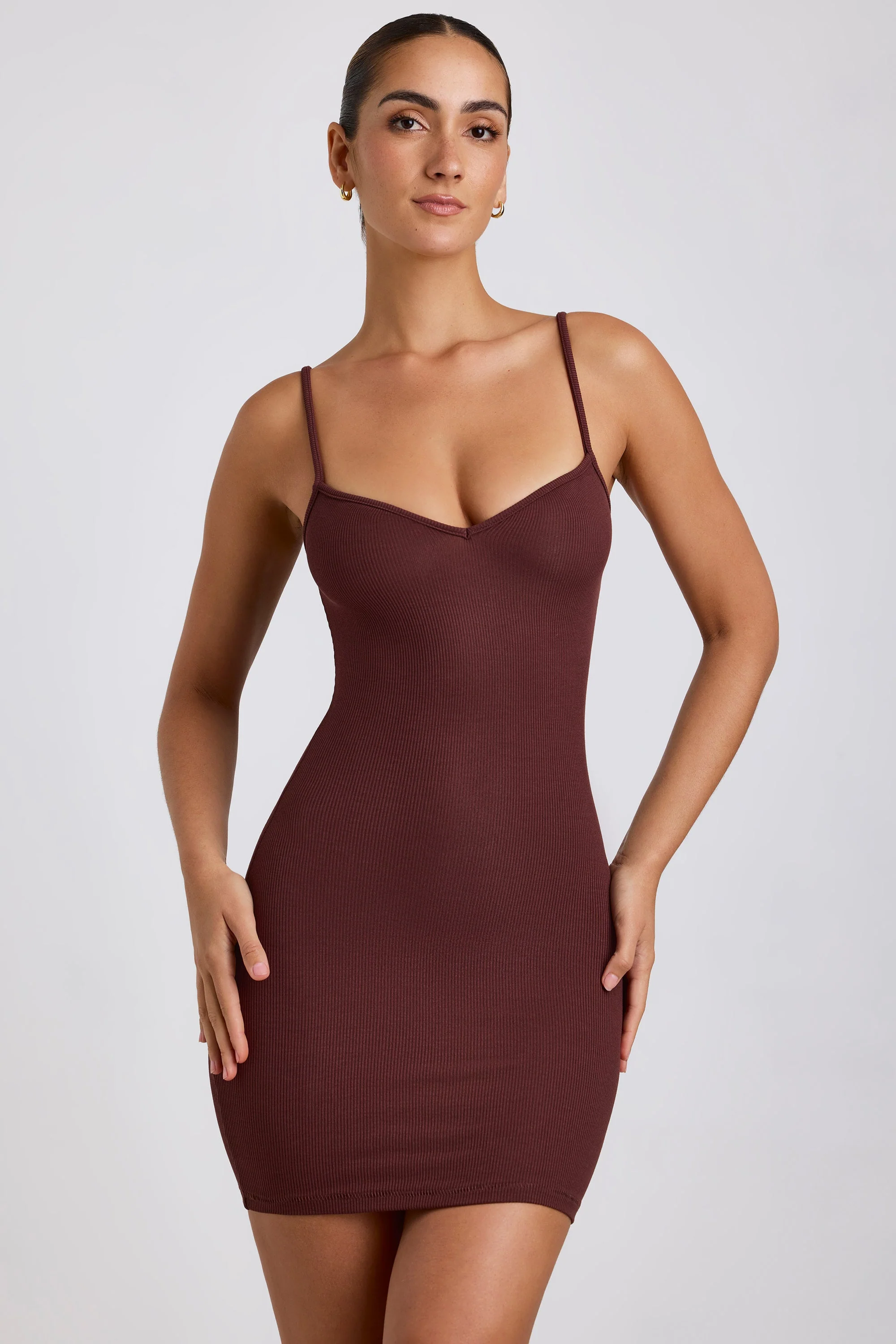 Ribbed Modal Mini Dress in Chocolate - Image 6