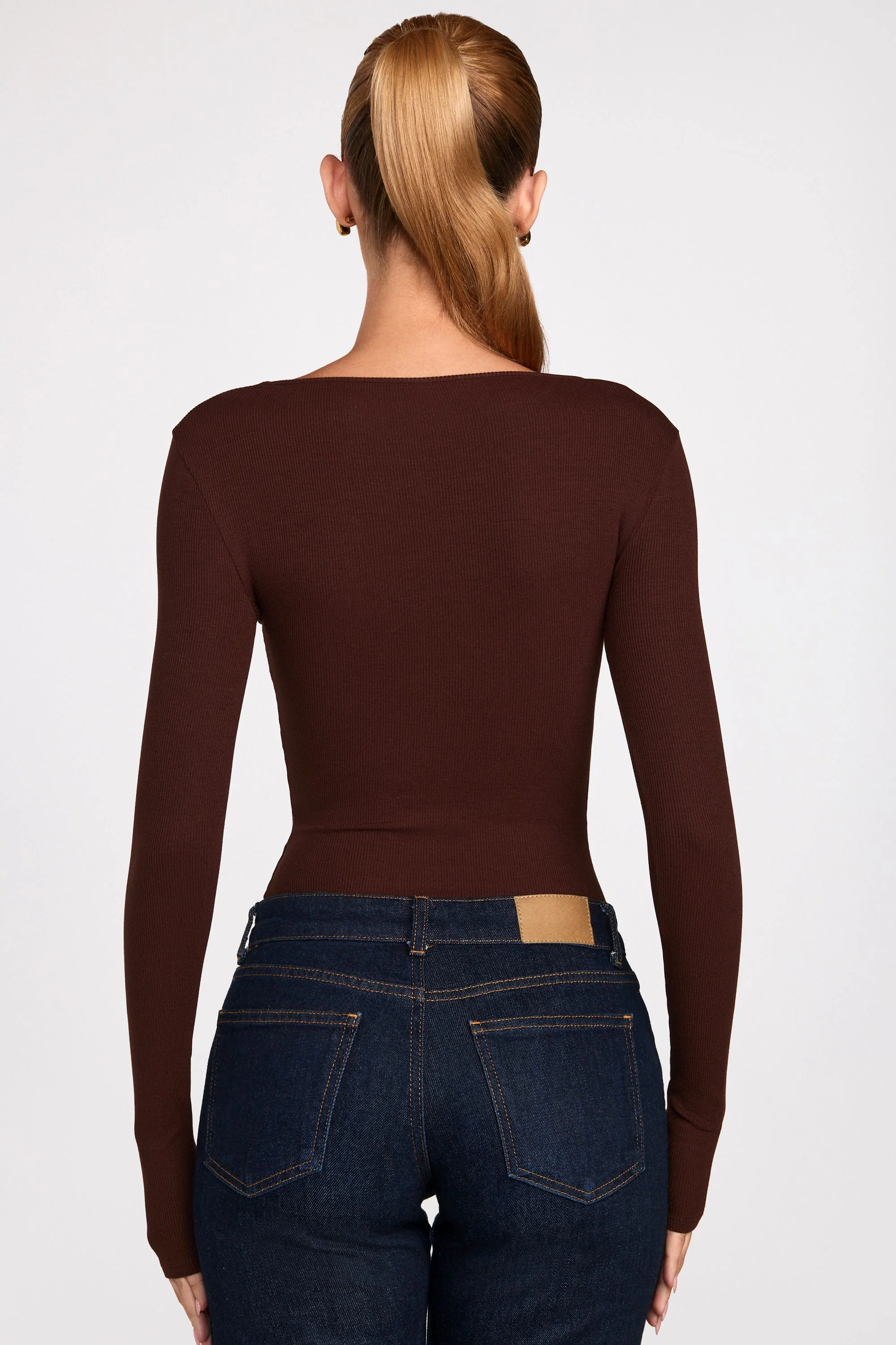 Ribbed Modal Ruched Long-Sleeve Top in Chocolate Brown - Image 3
