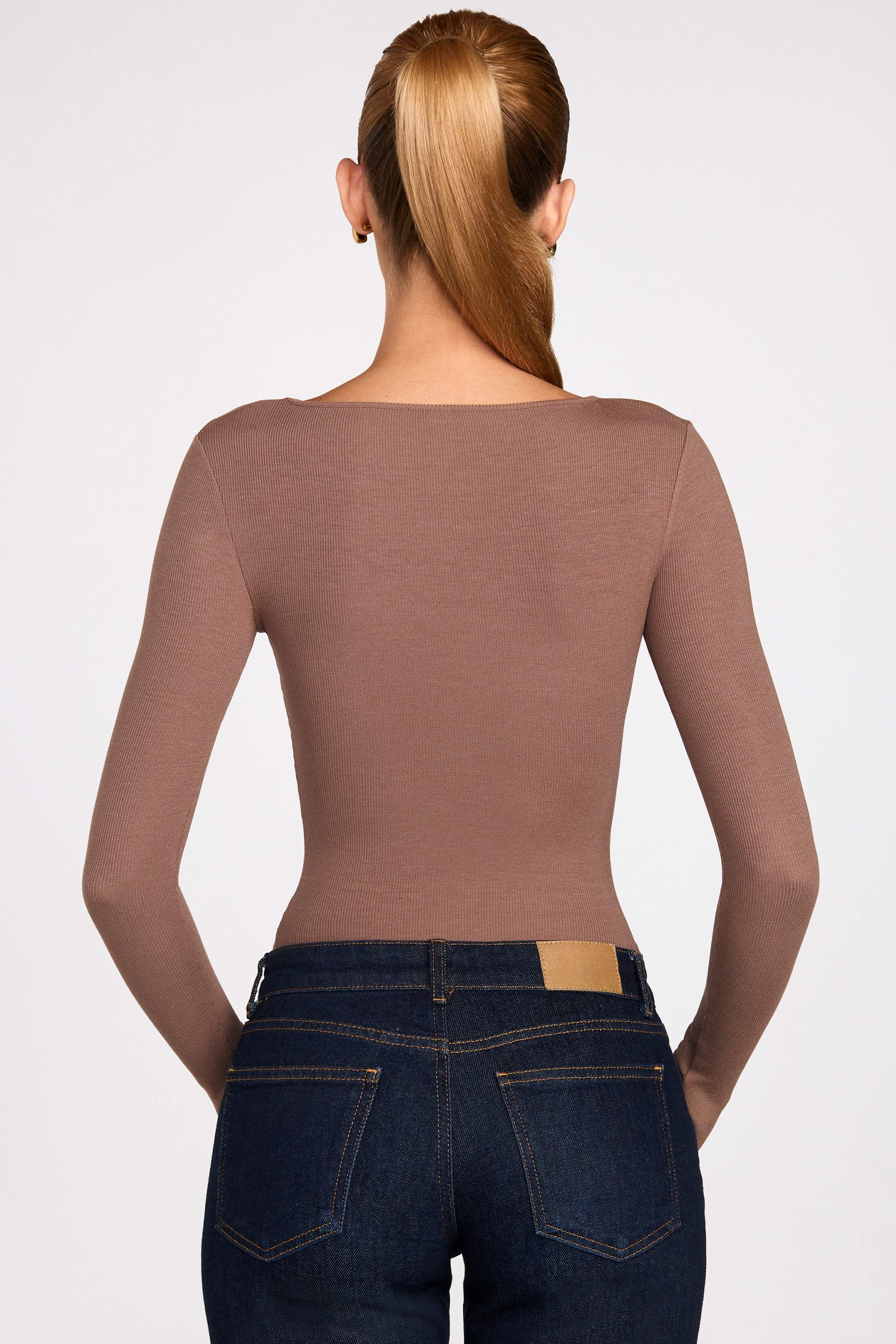 Ribbed Modal Ruched Long-Sleeve Top in Mocha - Image 3