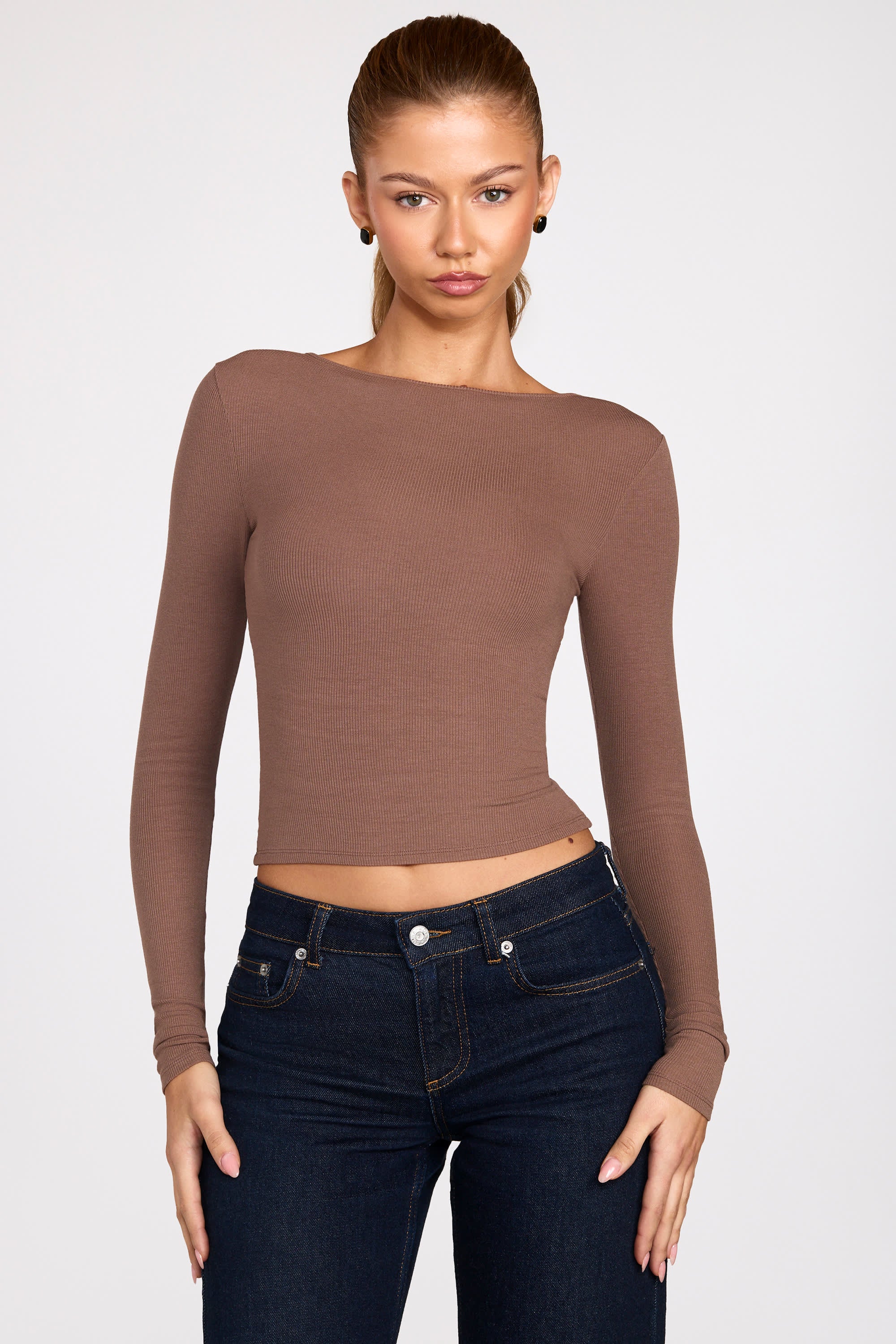 Ribbed Modal Ruched Long-Sleeve Top in Mocha - Image 5
