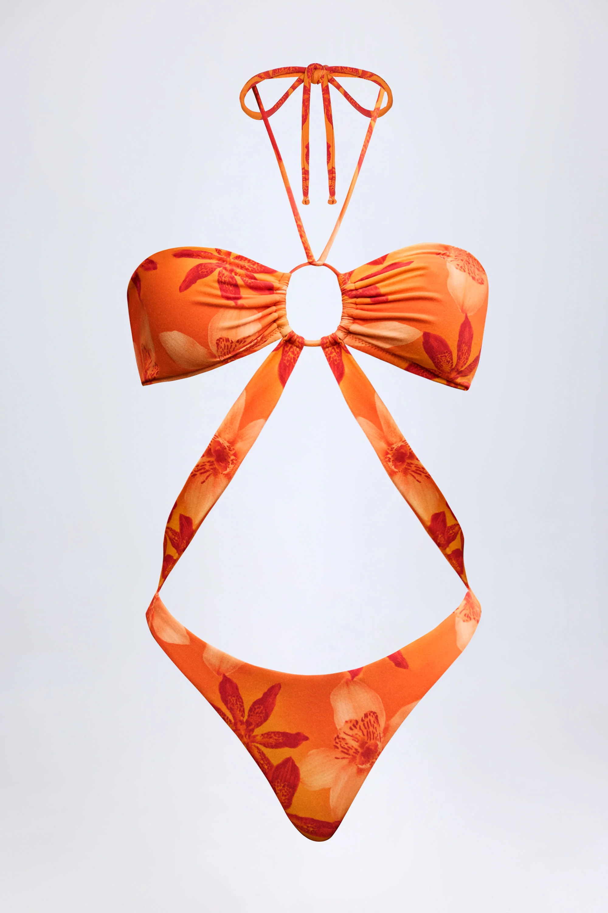 Cut-Out Halterneck Swimsuit in Orange Orchid Print - Image 3
