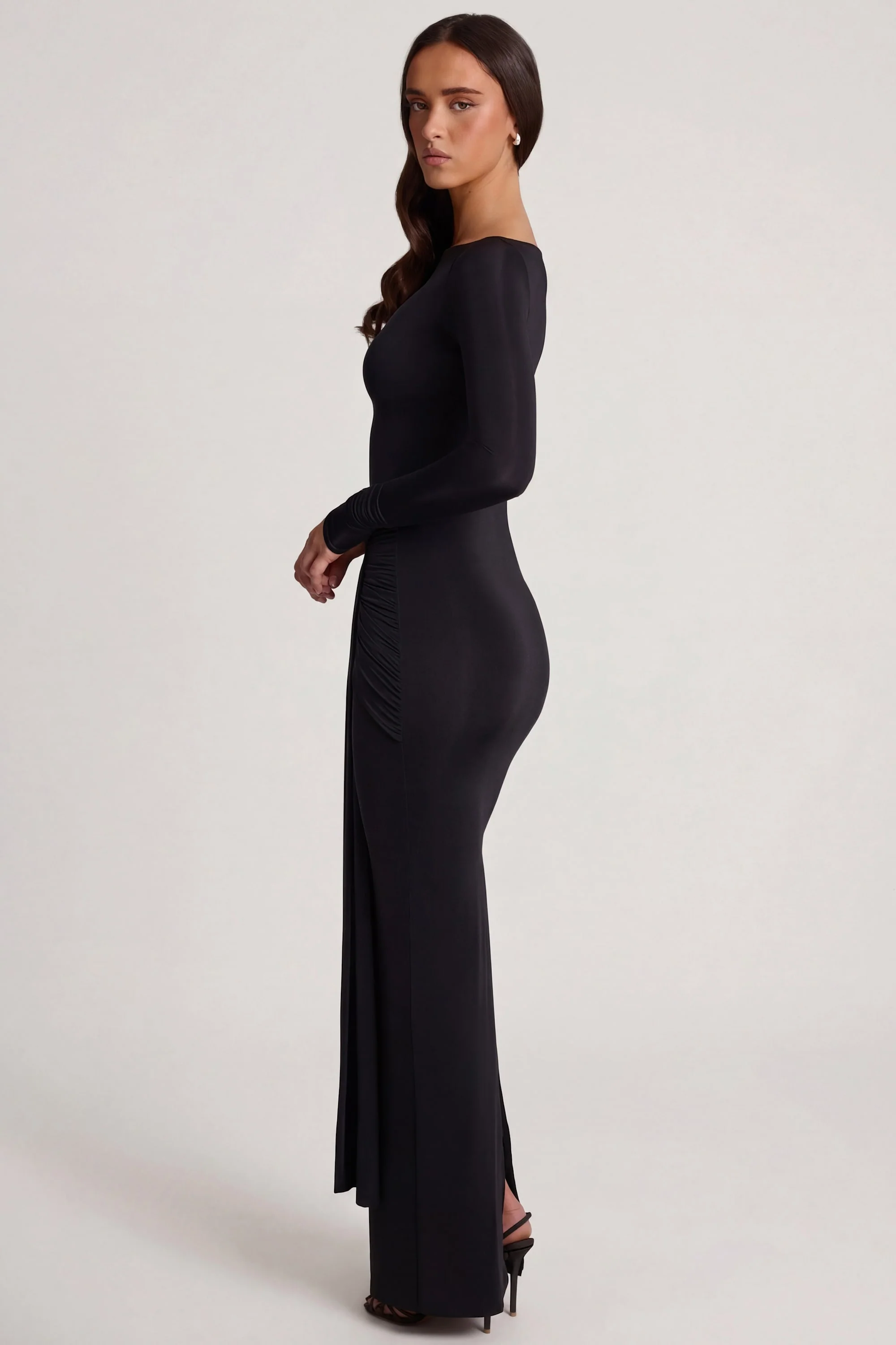 Soft Jersey Boat-Neck Tie-Gather Maxi Dress in Black - Image 3