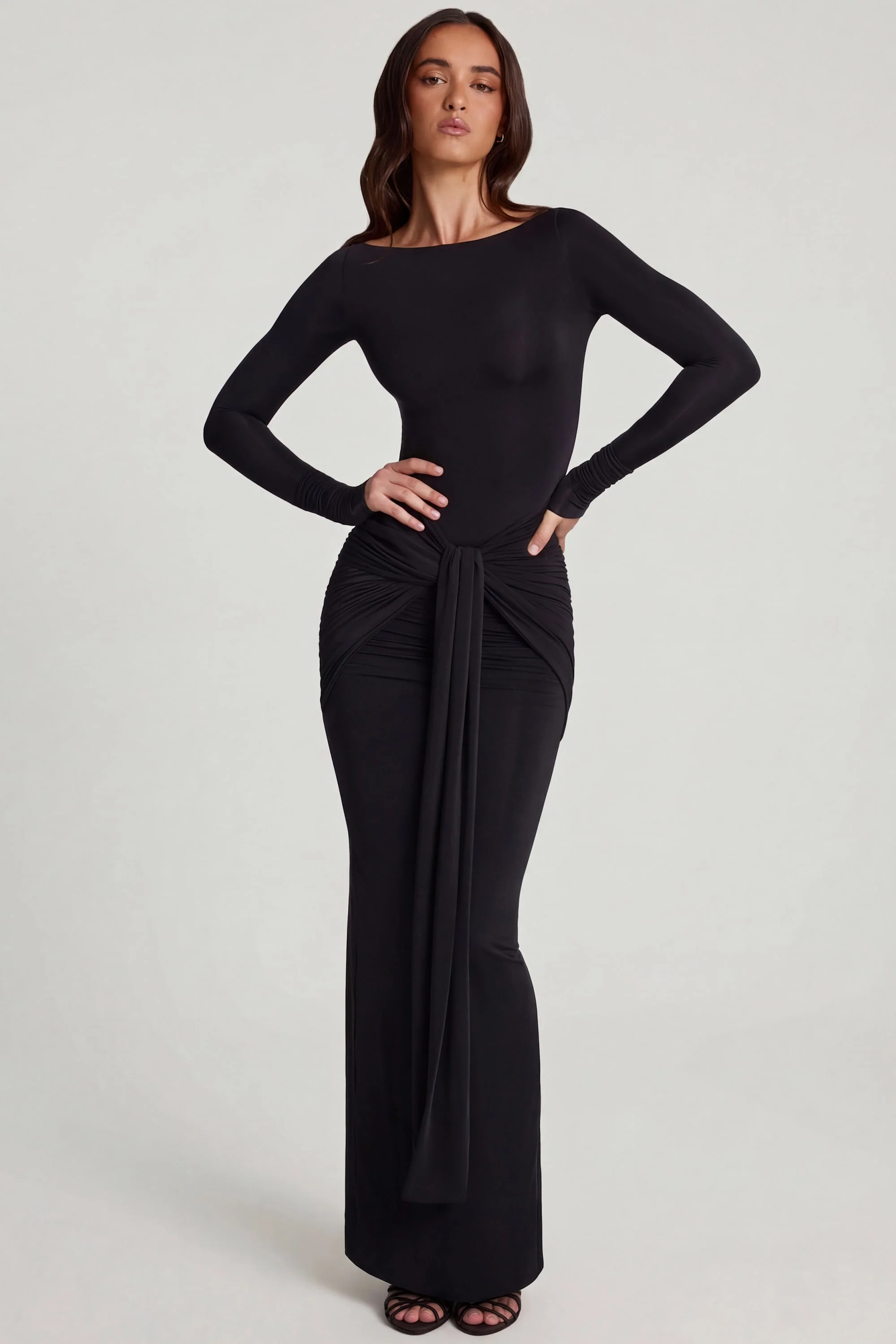 Soft Jersey Boat-Neck Tie-Gather Maxi Dress in Black - Image 5