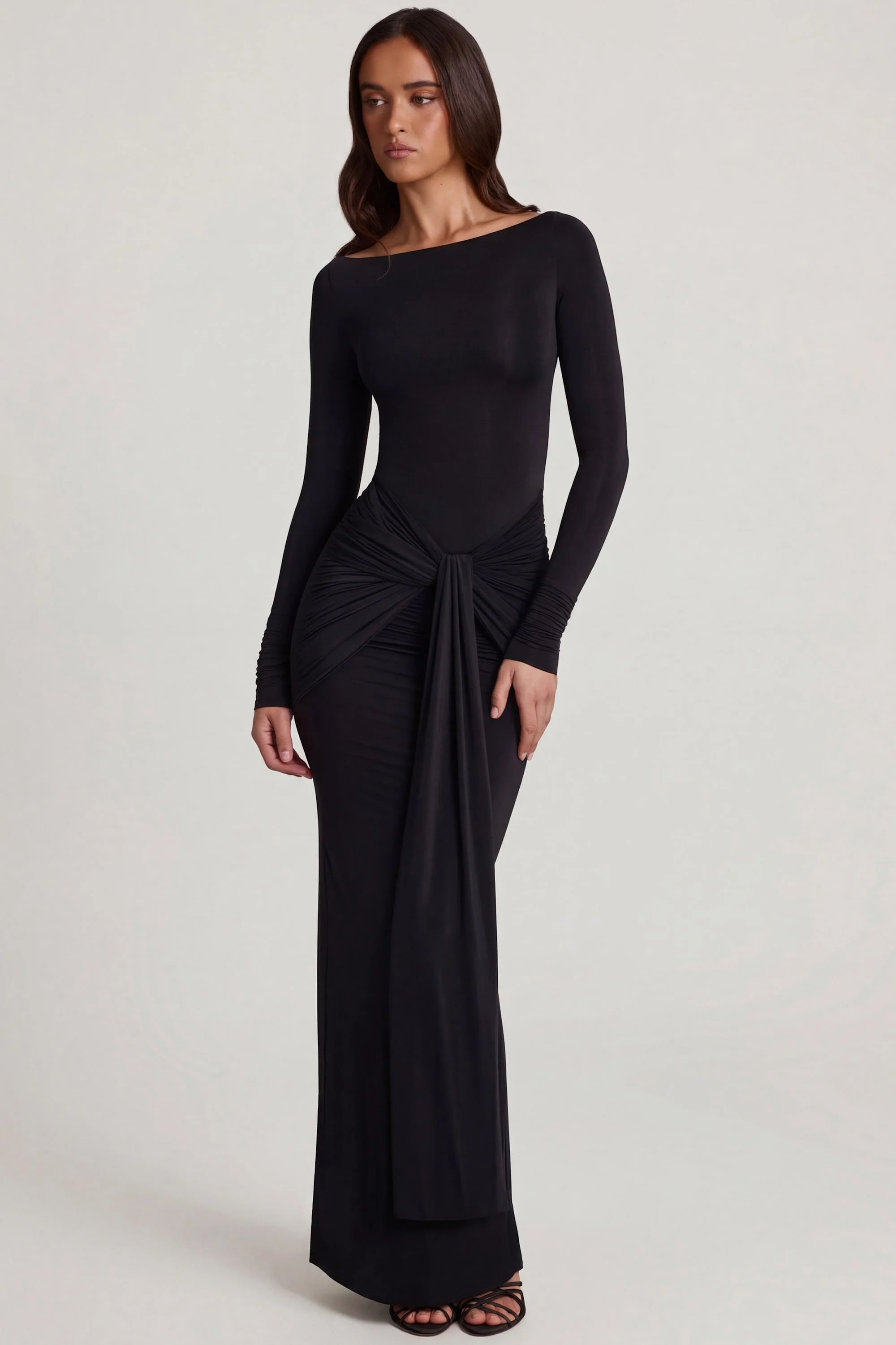 Soft Jersey Boat-Neck Tie-Gather Maxi Dress in Black - Image 6