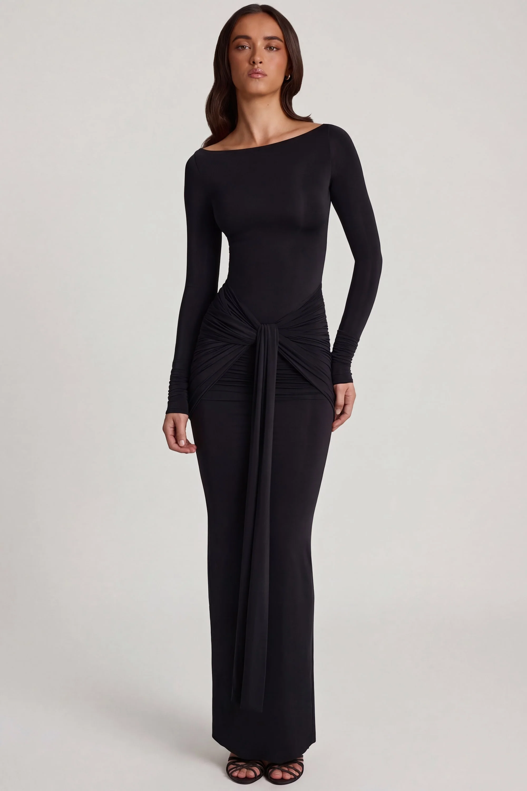 Soft Jersey Boat-Neck Tie-Gather Maxi Dress in Black - Image 7