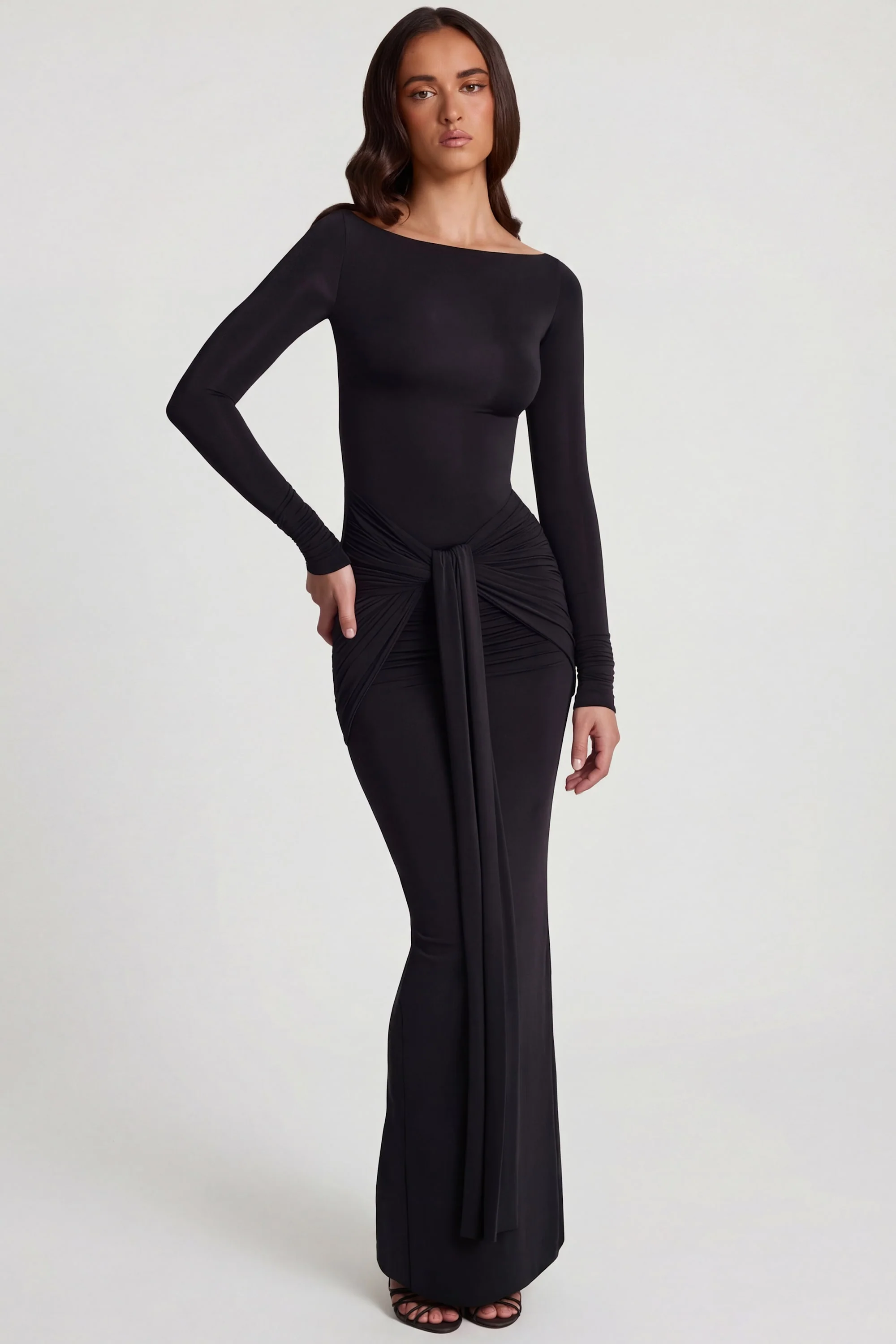 Soft Jersey Boat-Neck Tie-Gather Maxi Dress in Black - Image 8