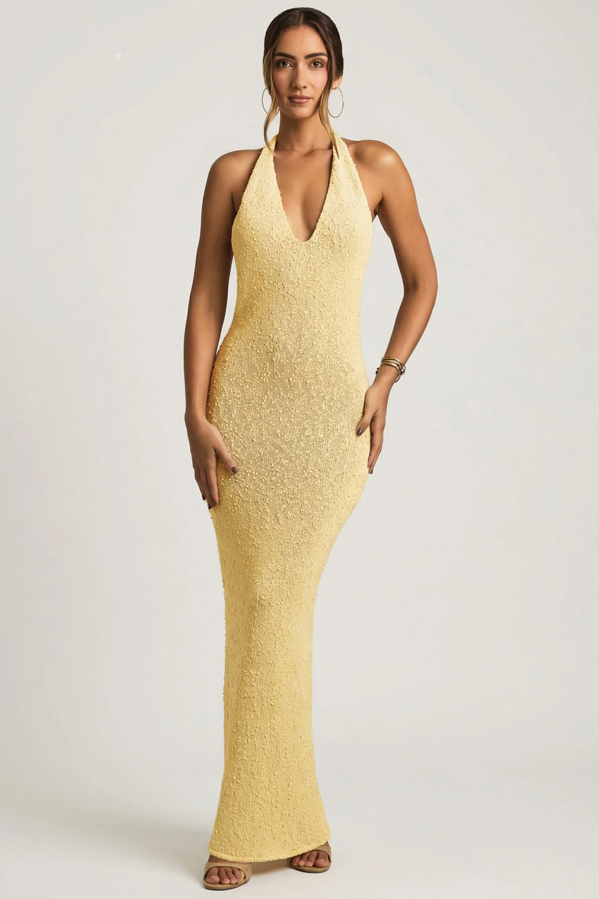 Bouclé Halterneck Maxi Dress in Yellow - Image 6