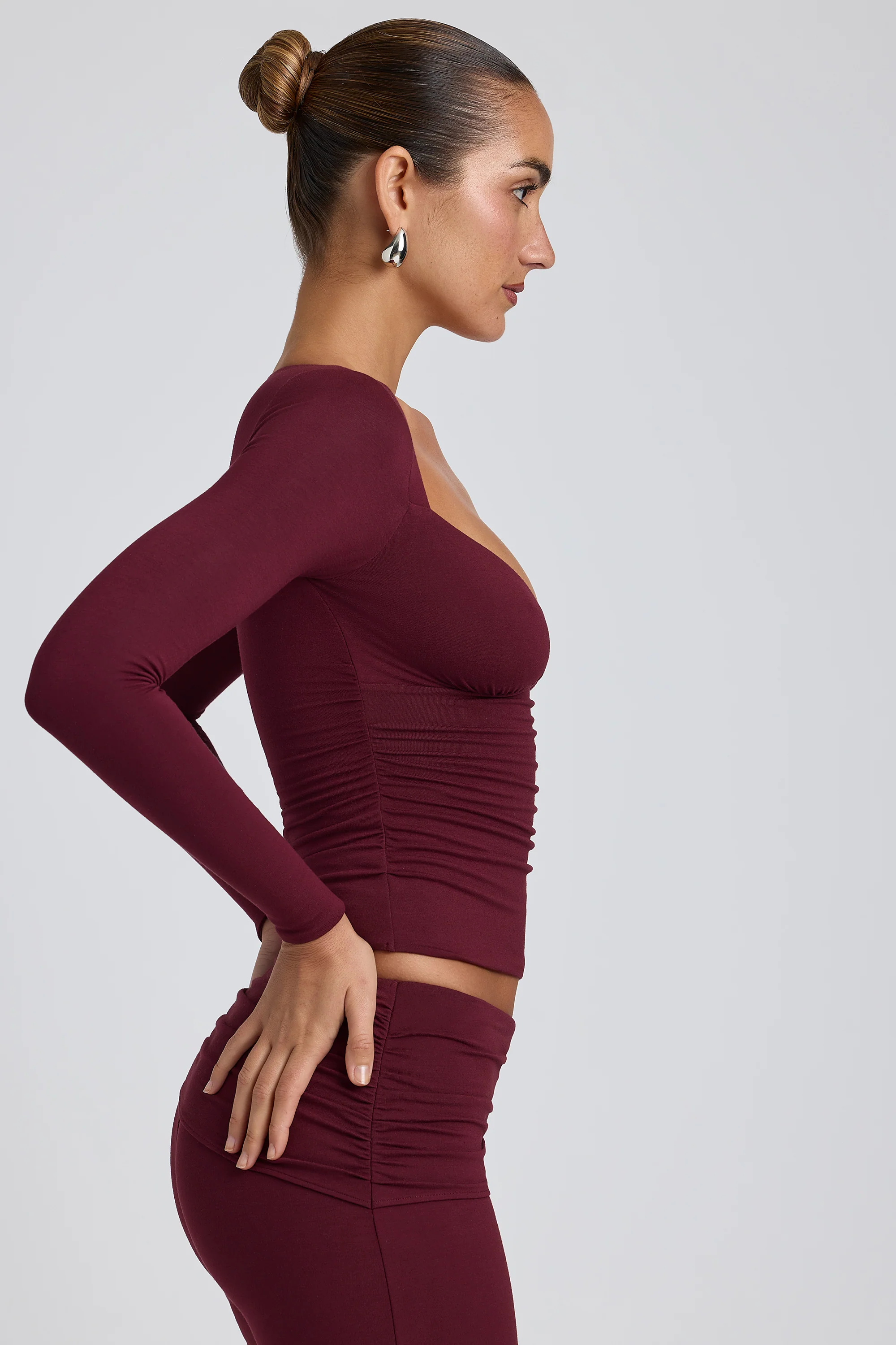 Modal Ruched Long-Sleeve Top in Plum - Image 3