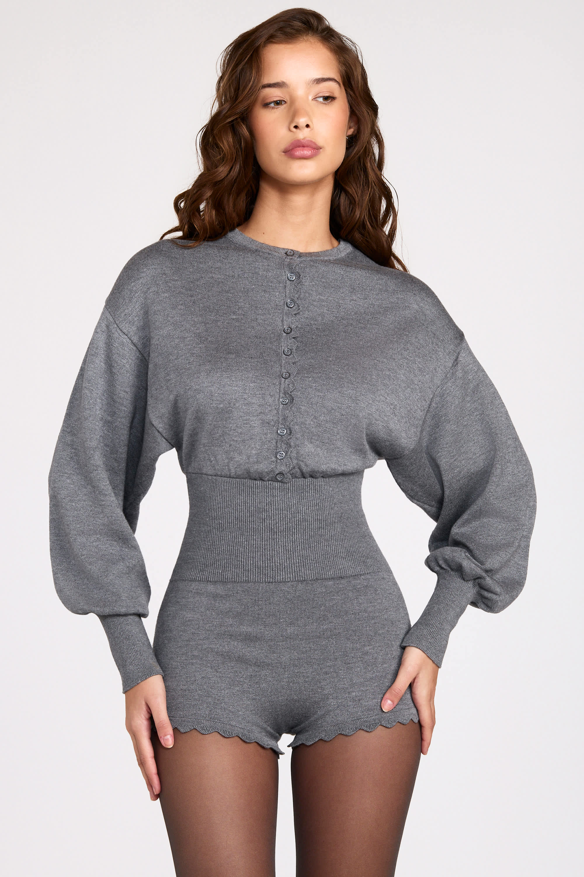 Fine-Knit Long-Sleeve Romper in Grey - Image 6