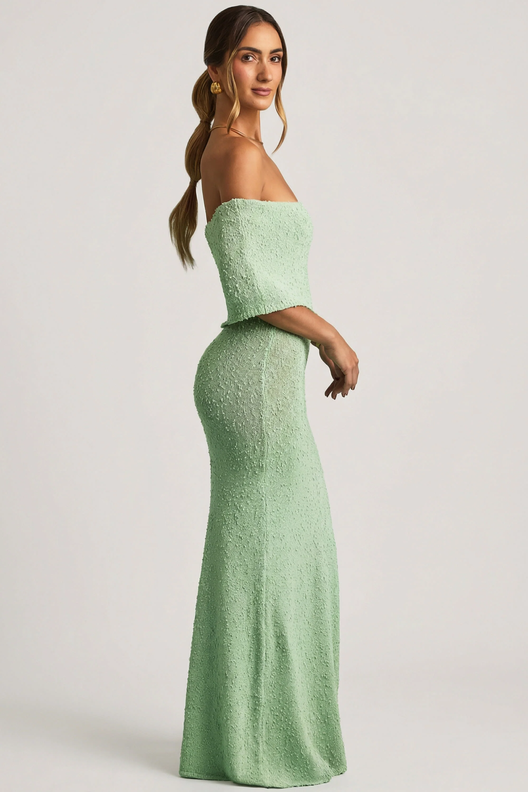 Bouclé Off-Shoulder Maxi Dress in Mint - Image 3