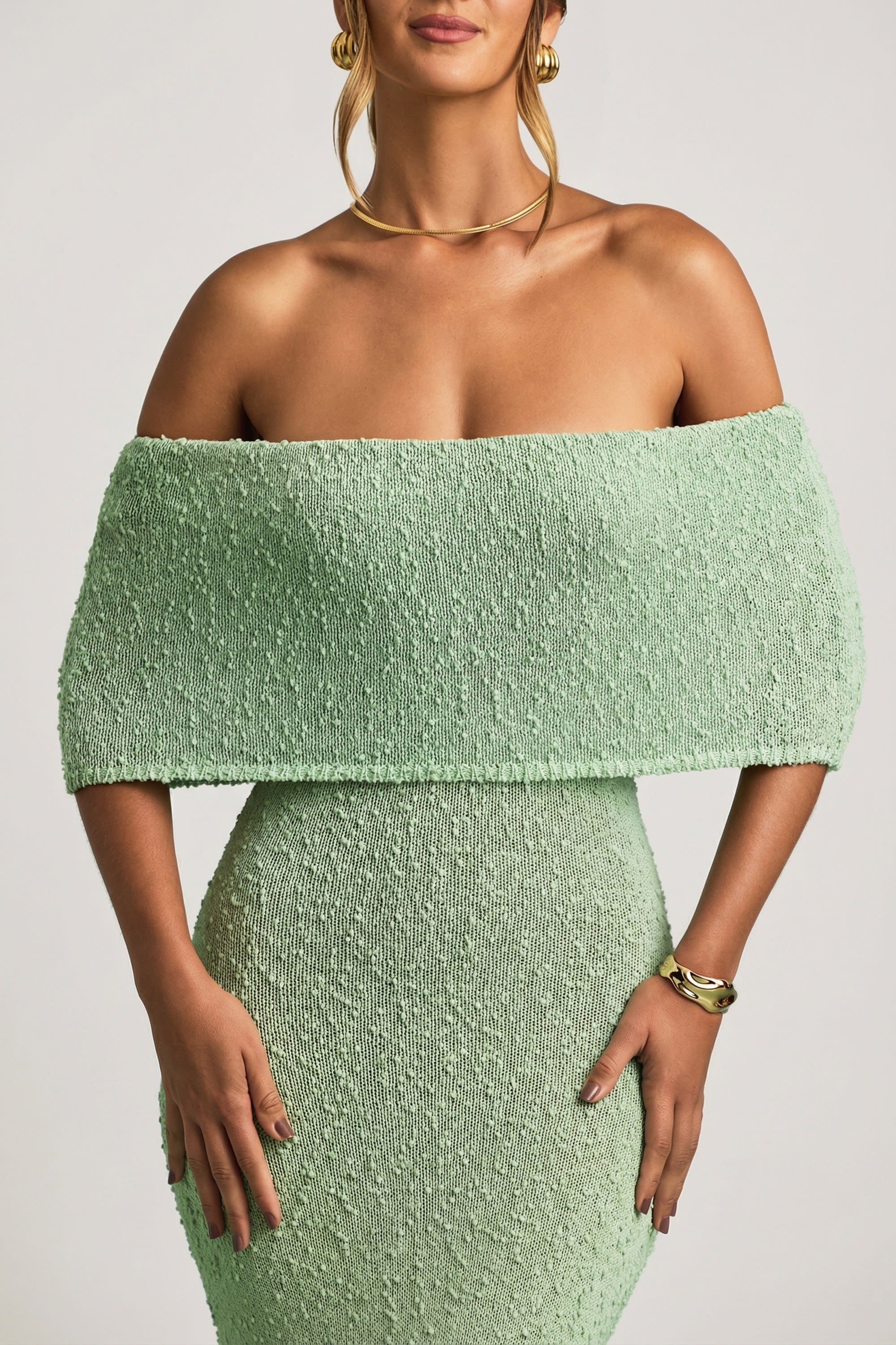 Bouclé Off-Shoulder Maxi Dress in Mint - Image 4