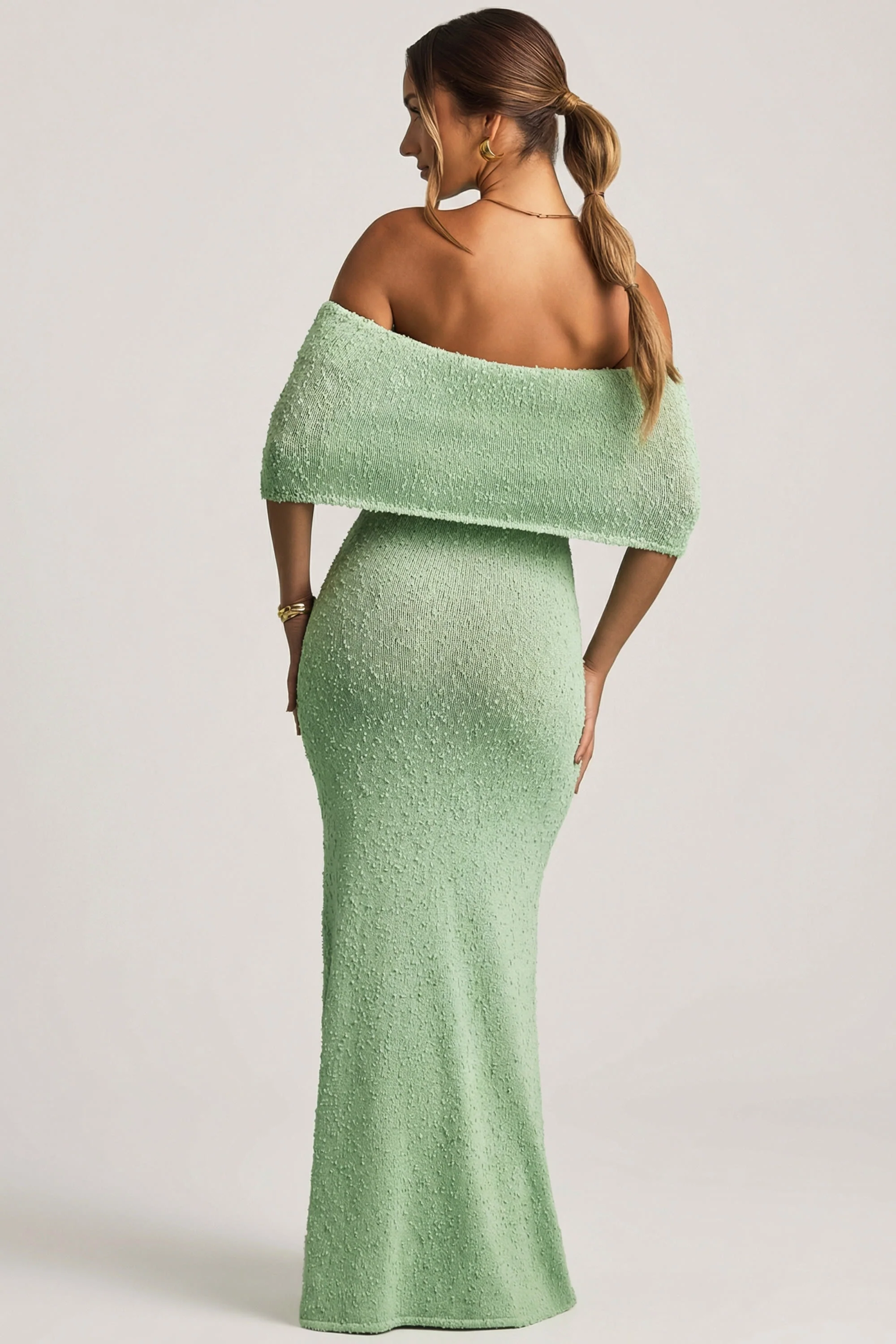 Bouclé Off-Shoulder Maxi Dress in Mint - Image 5