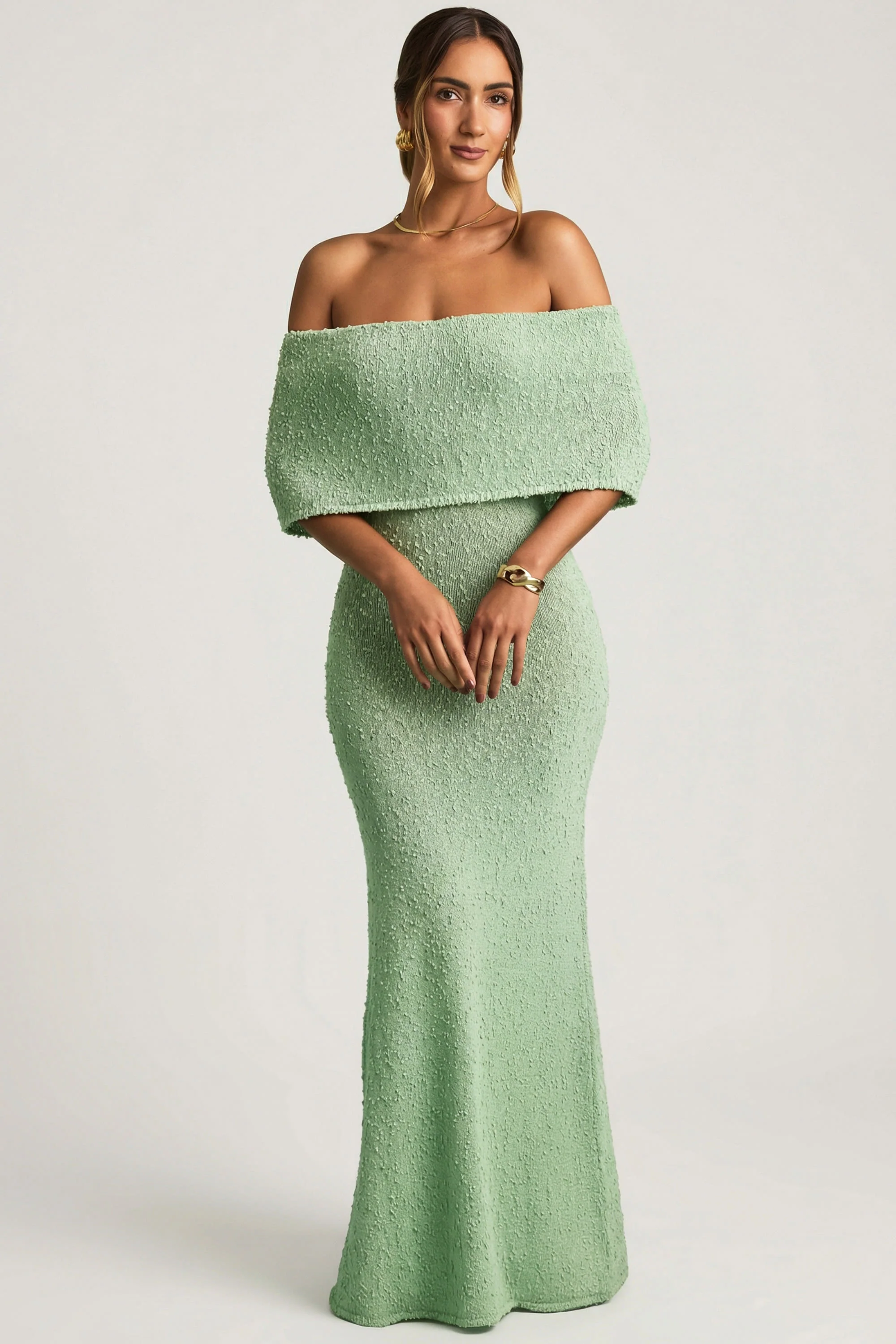 Bouclé Off-Shoulder Maxi Dress in Mint - Image 6