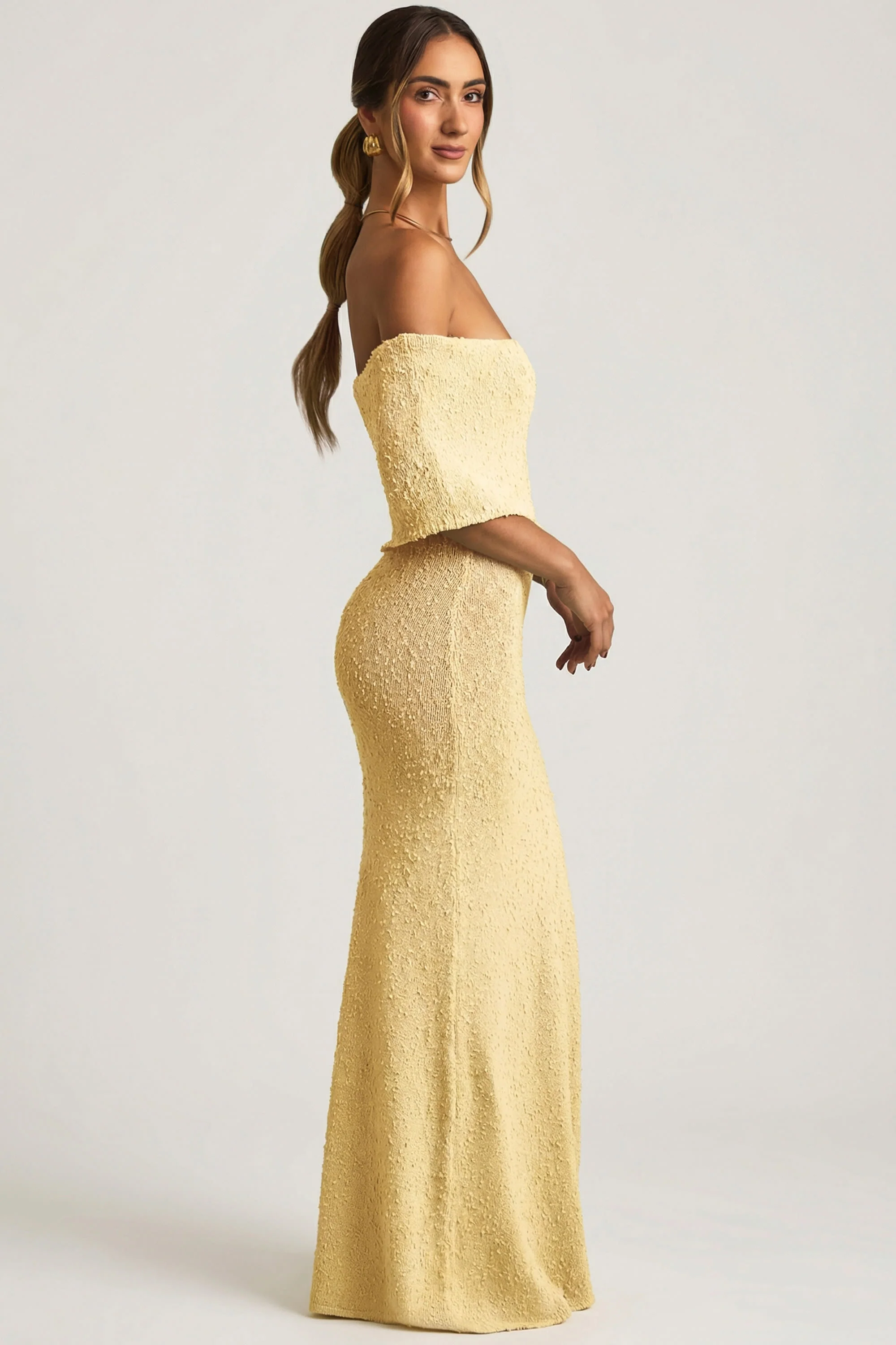Bouclé Off-Shoulder Maxi Dress in Yellow - Image 3