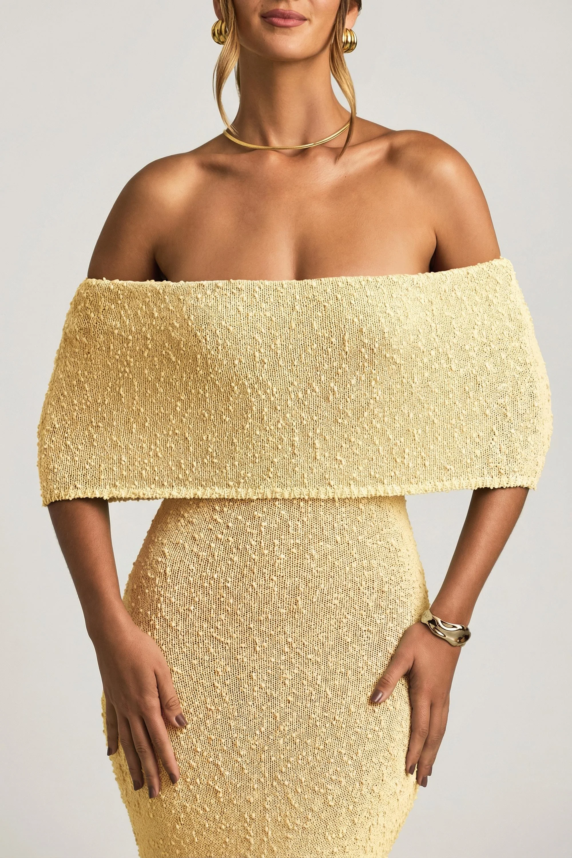 Bouclé Off-Shoulder Maxi Dress in Yellow - Image 4