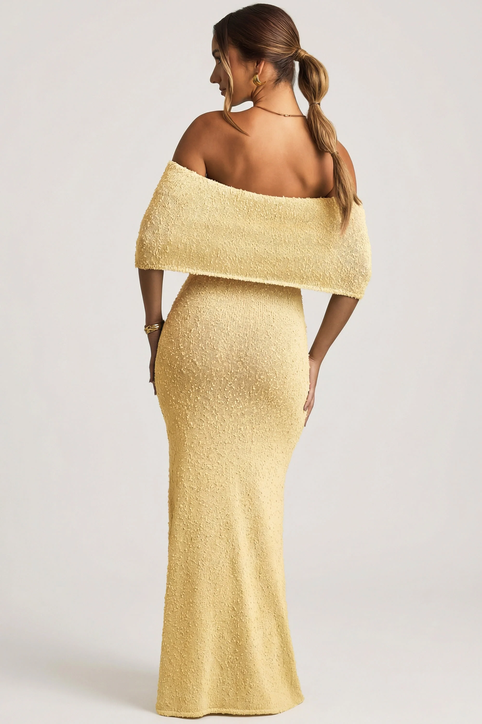 Bouclé Off-Shoulder Maxi Dress in Yellow - Image 5