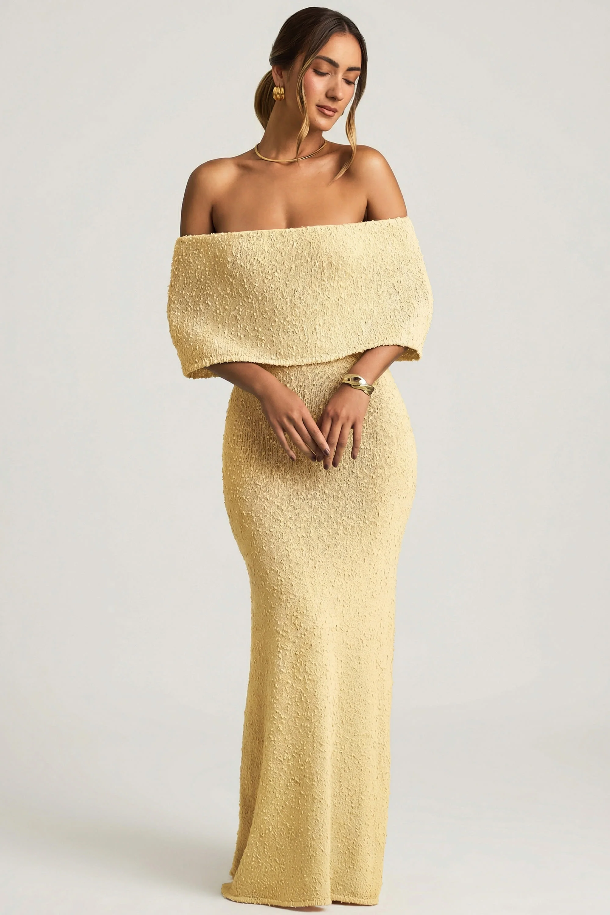 Bouclé Off-Shoulder Maxi Dress in Yellow - Image 6