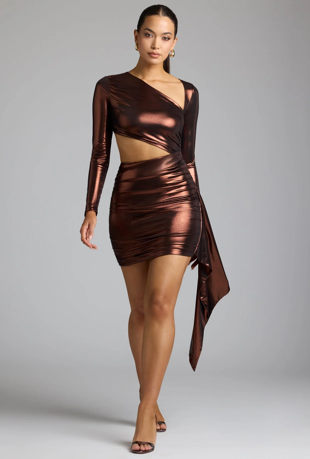 Cut Out Metallic Jersey Mini Dress in Copper Bronze - Image 8