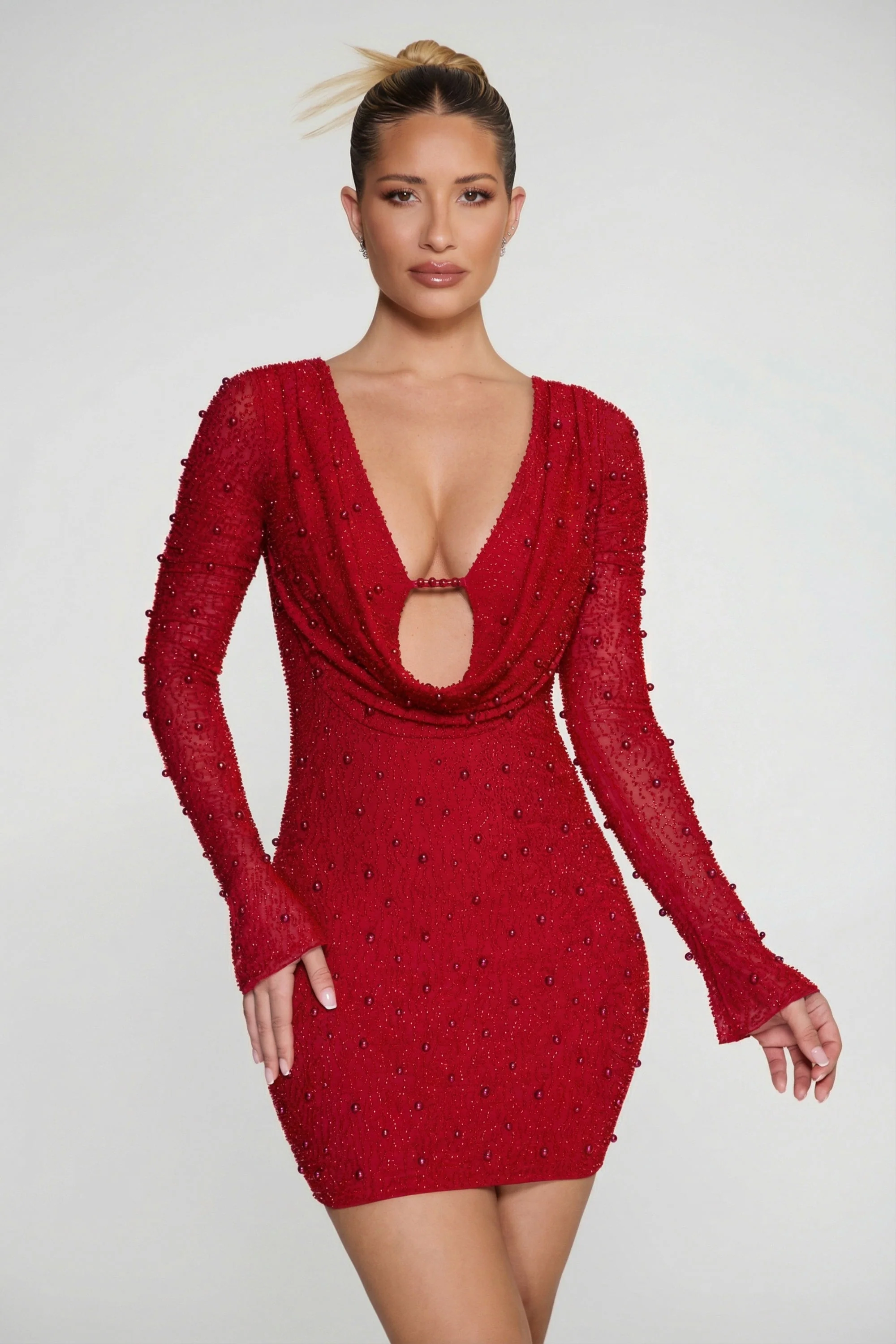 Long Sleeve Deep Plunge Mini Dress in Red - Image 3
