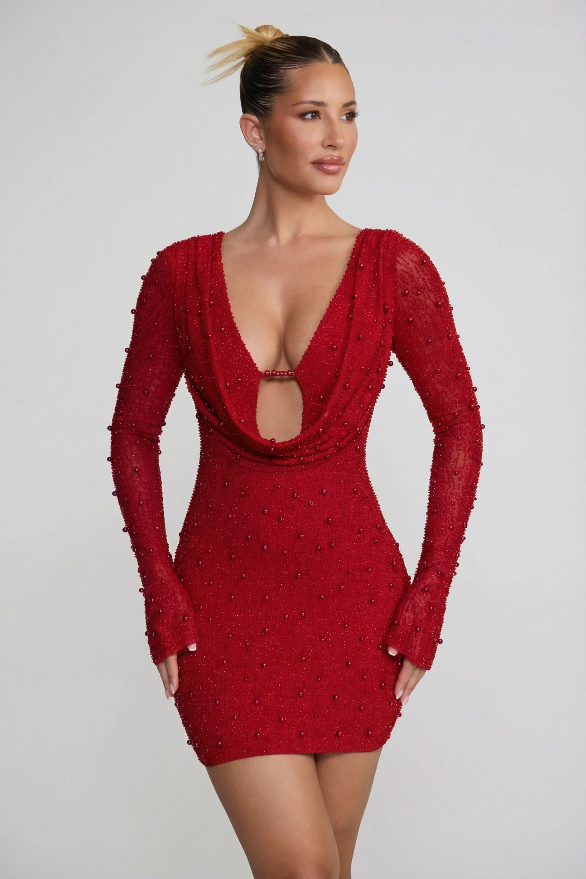 Long Sleeve Deep Plunge Mini Dress in Red - Image 4