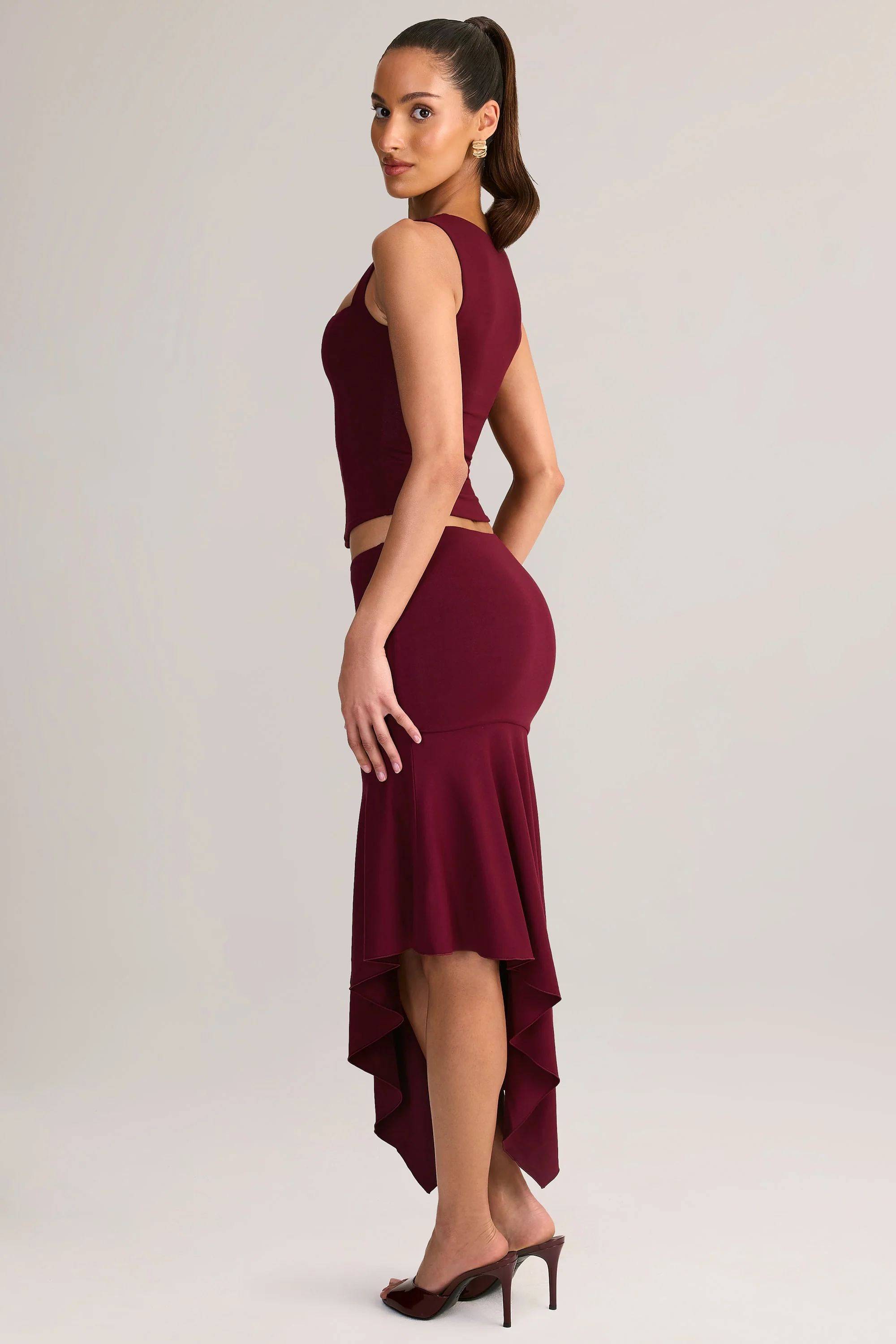 Modal Low-Rise Asymmetric Midaxi Skirt in Wine - Image 4