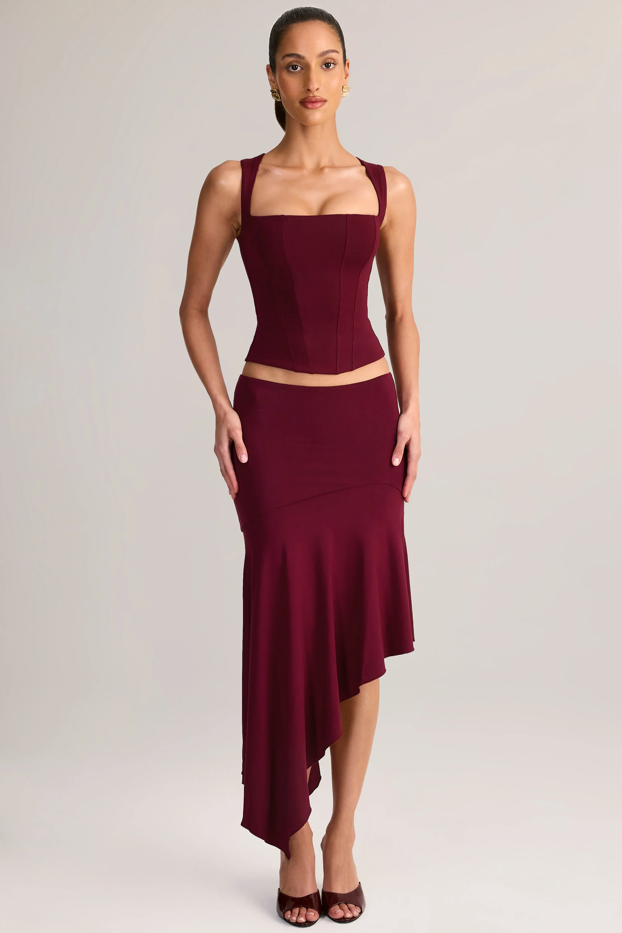 Modal Low-Rise Asymmetric Midaxi Skirt in Wine - Image 5