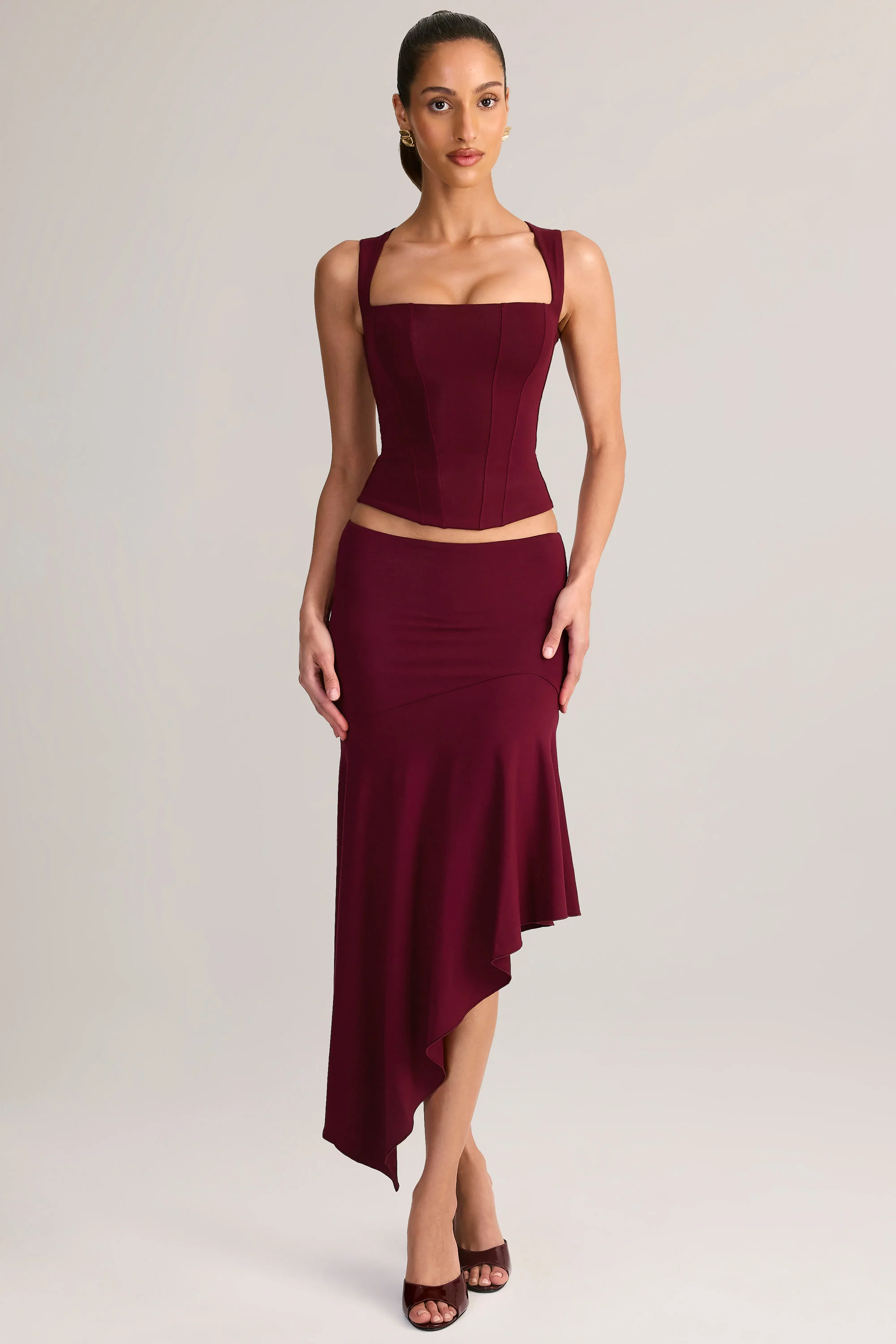 Modal Low-Rise Asymmetric Midaxi Skirt in Wine - Image 6