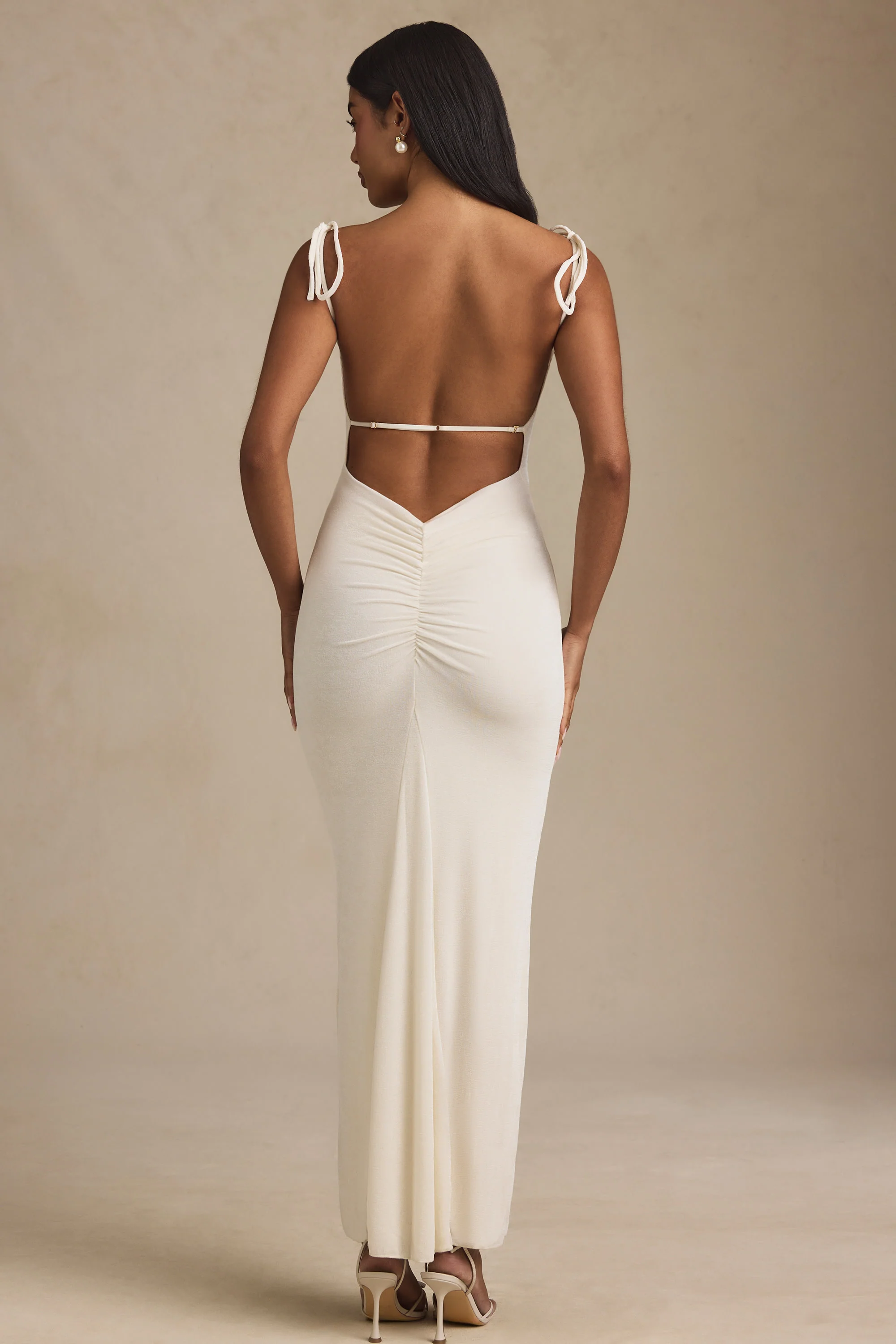 Textured Jersey Backless Maxi Dress in Ivory - Image 3