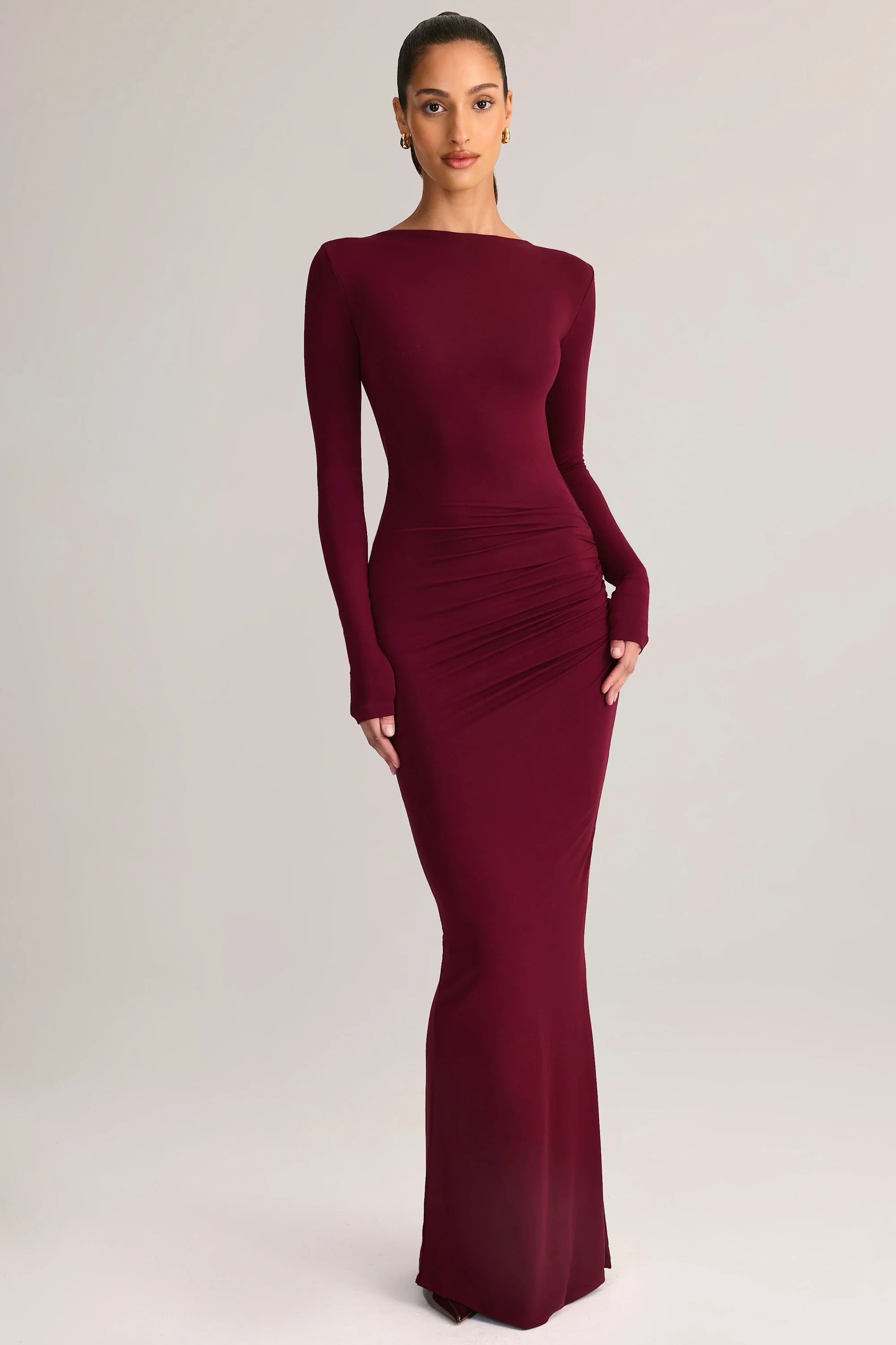 Modal Ruched Backless Maxi Dress in Wine - Image 8